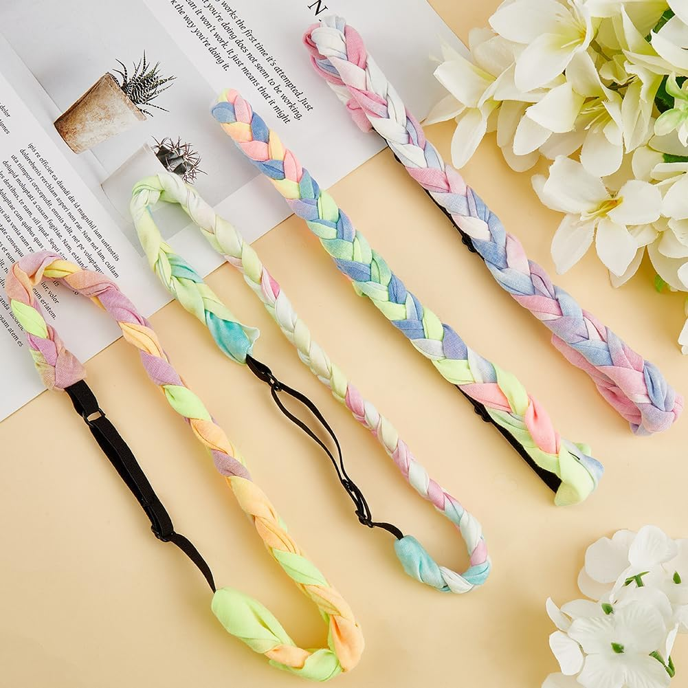 SOFPLATE 4Pcs 4 Colors Elastic Woven Headbands Thin Colored Fabric Headbands Adjustable Rainbow Polyester Stretch Spandex Cloth Tie Dye Hairbands Accessories for Short Long Hairstyle DIY Decoration image number 2