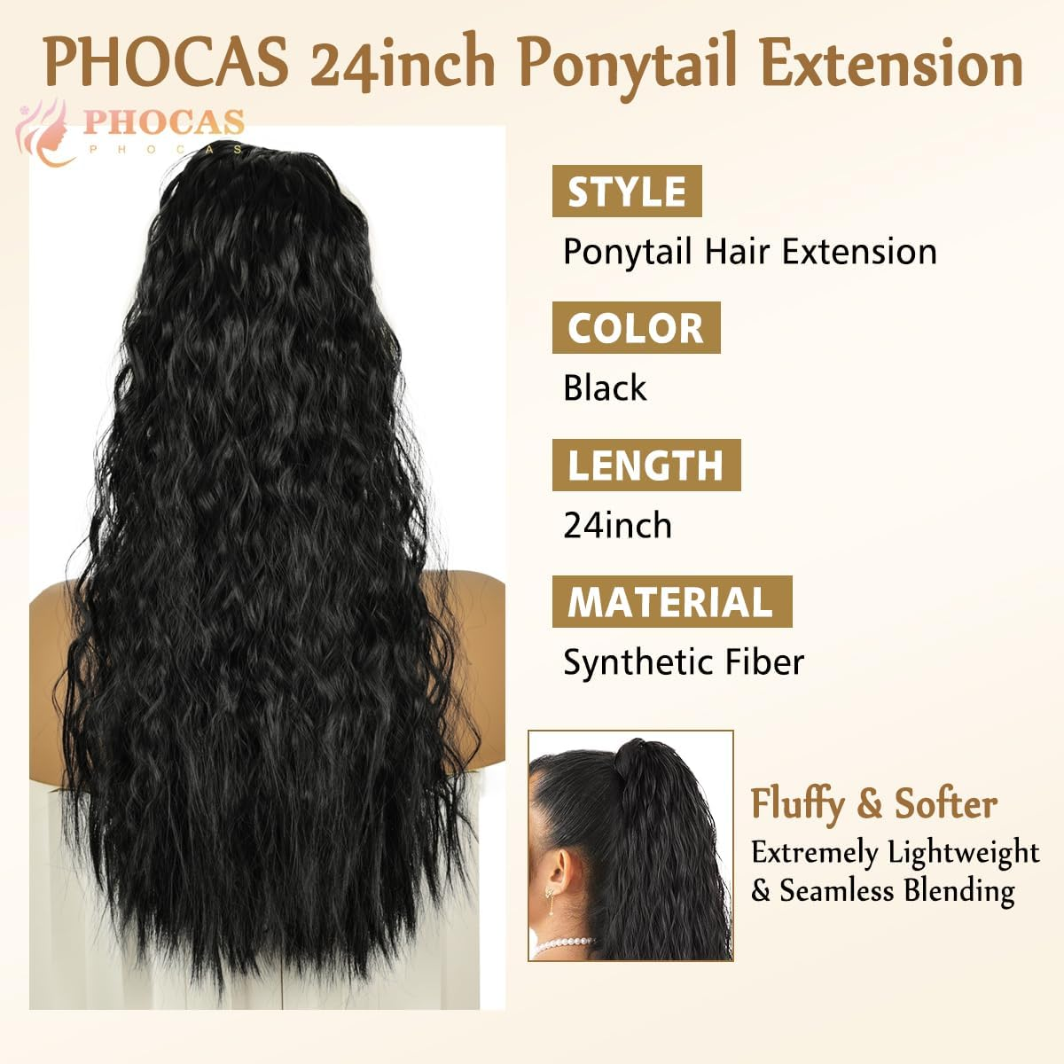 PHOCAS Drawstring Ponytail Extension,Long Wavy Ponytail Extension Black Synthetic Hairpiece Long Hair Extension for Women Daily Use (24Inch) image number 1