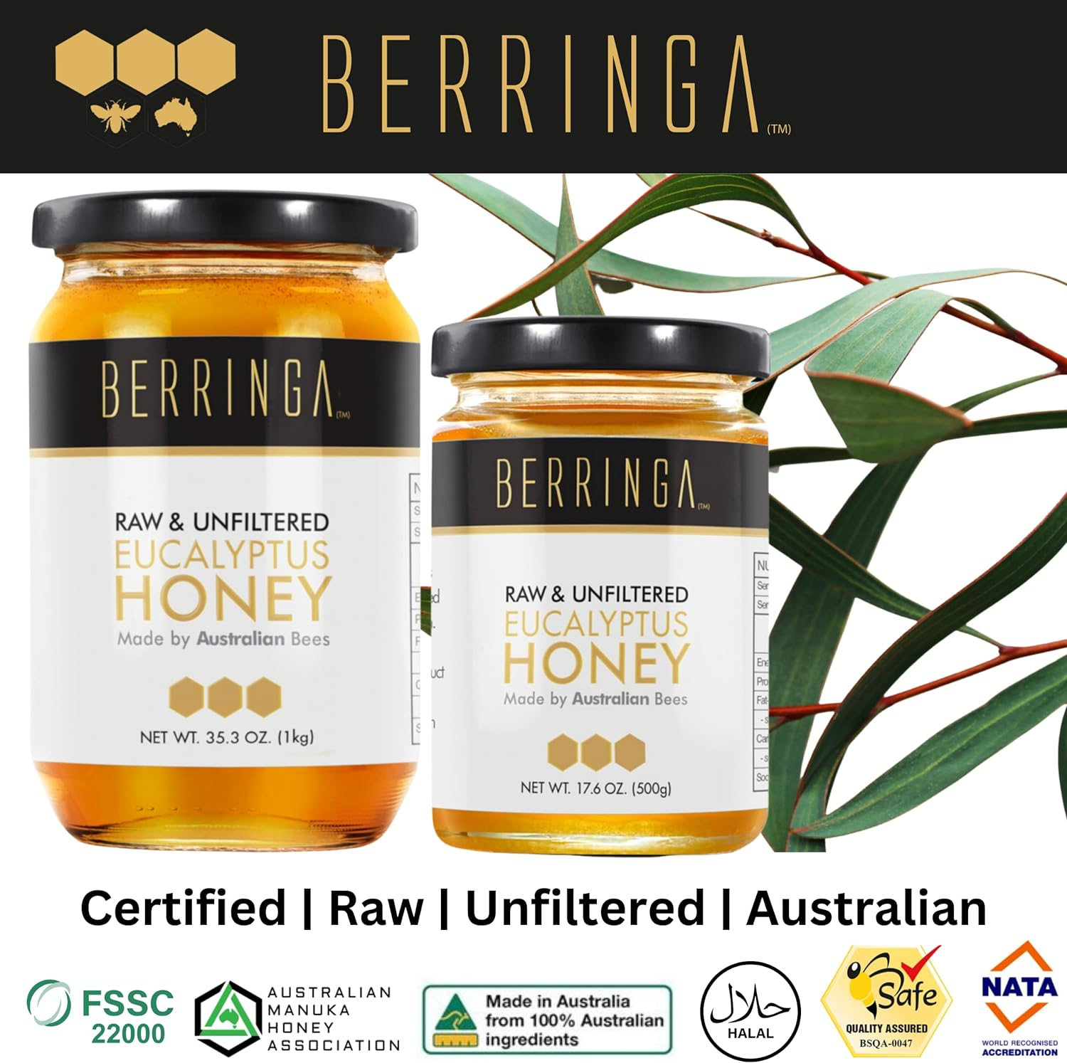 Berringa Certified Eucalyptus Honey 1KG - Australian Raw Honey | Unfiltered | 100% Pure Genuine Locally Sourced | Cold Extracted | Non-Gmo Superfood | Gluten Free Food | Bulk | Glass Jar image number 6