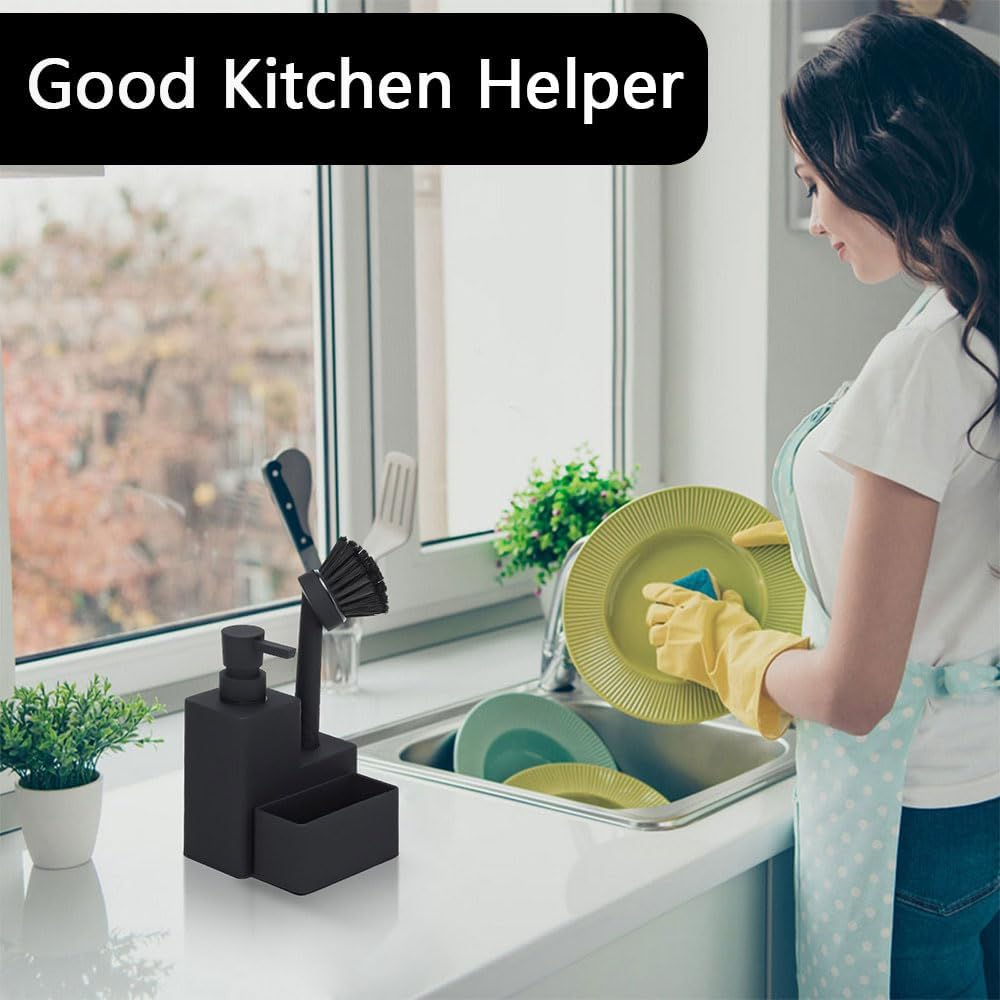 Ranqisys 3-In-1 Soap Dispenser Set with Sponge Holder &ndash; Dual Soap Pump Dispenser for Kitchen Sink, Hand & Dish Soap, Brush & Sponge Caddy, Black, 320Ml