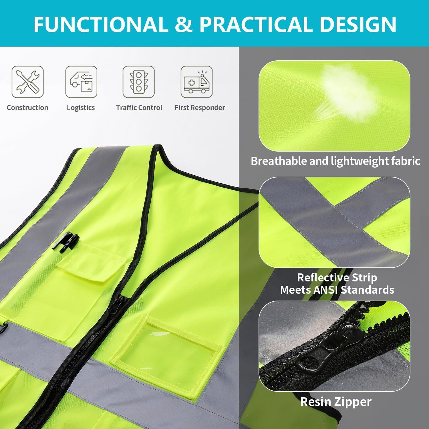 YUANVEST Hi Vis Vests for Men Women 5 Pockets,High Visibility Reflective Safety Security Vest,2-Inch Reflective Strip High Visibility Vest,Meets ANSI/ISEA Standards image number 6