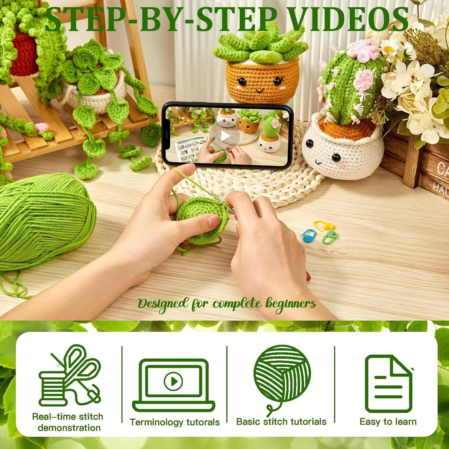 SENIURIS Crochet Kits for Starters, Crochet Beginners Knitting Crochet Kits with 6 Pack Hanging Potted Plants Family. image number 4