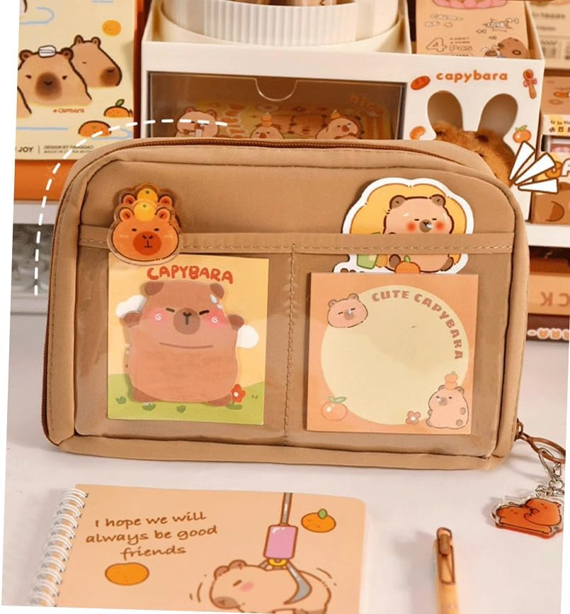 WEZCHUGHAOL Capybara Stationery Set, Cartoon Pencil Bag, Cute Pencil Case with Pens, Clips, Rulers and More, Wide Opening Pen Organiser image number 4