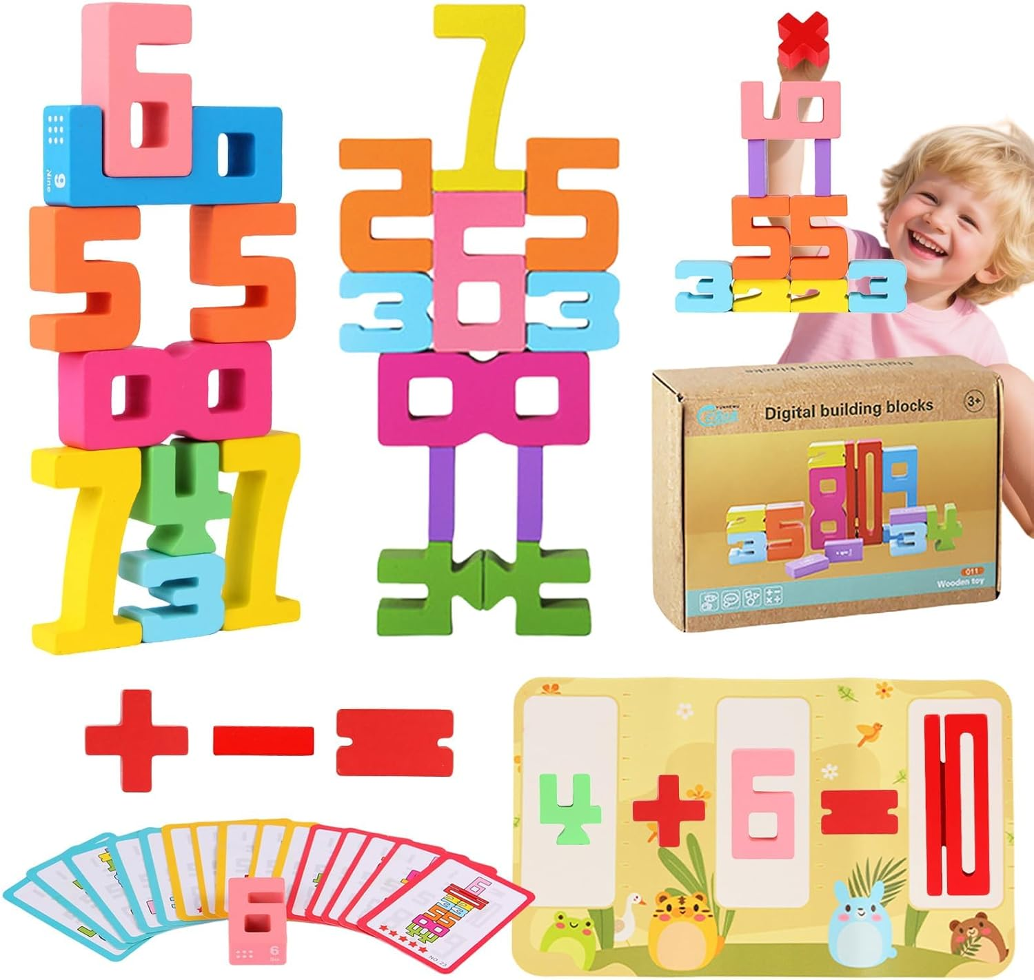 23Pcs Wooden Number Building Blocks, with Mathematical Symbol Blocks and Arithmetic Pad, Montessori Number Blocks Math Learning Toys for Kids Digital Educational Counting image number 5