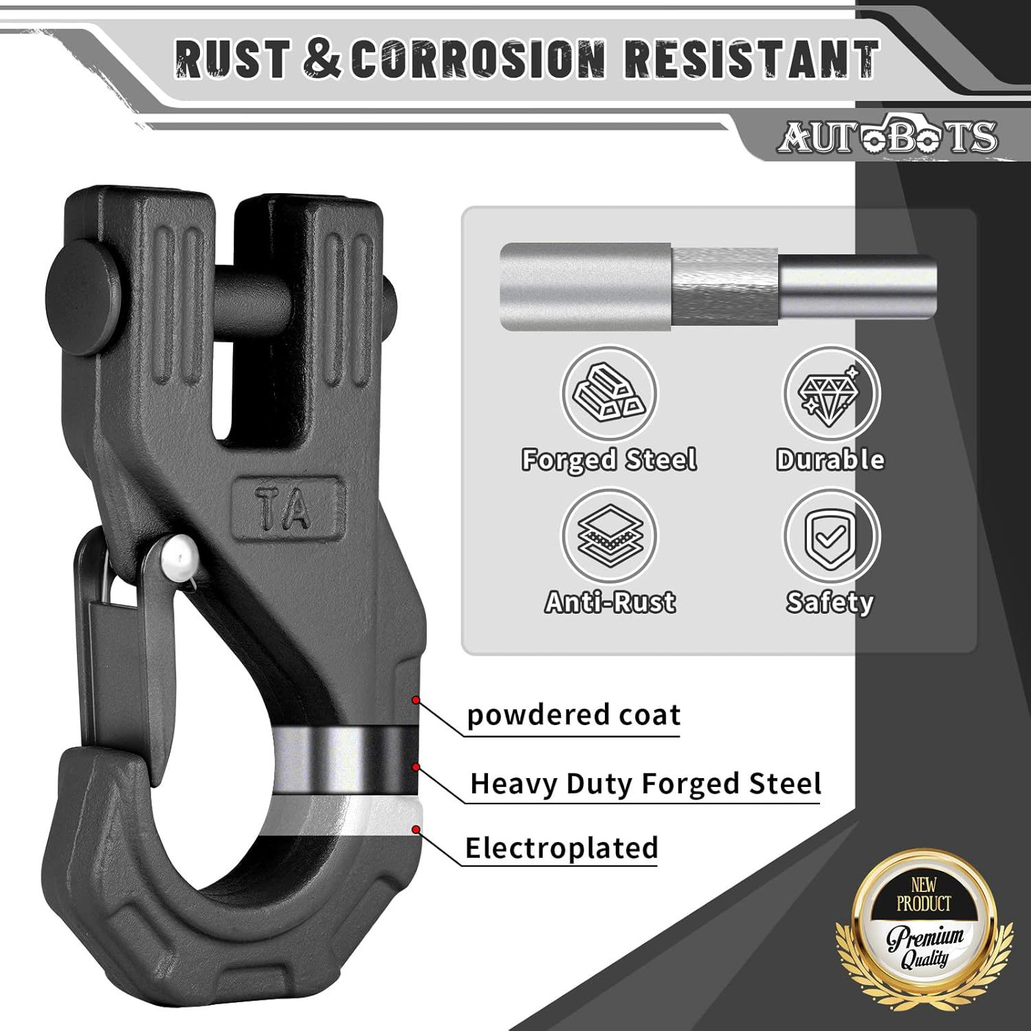 AUTOBOTS 3/8" Winch Hook Heavy Duty, Max 20 Ton (45,000 Lbs), Forged Steel ATV Winch Hook with Safety Latch, Winch Tow Clevis Slip Hook for Synthetic Rope Winch Cable ATV UTV, Black image number 3