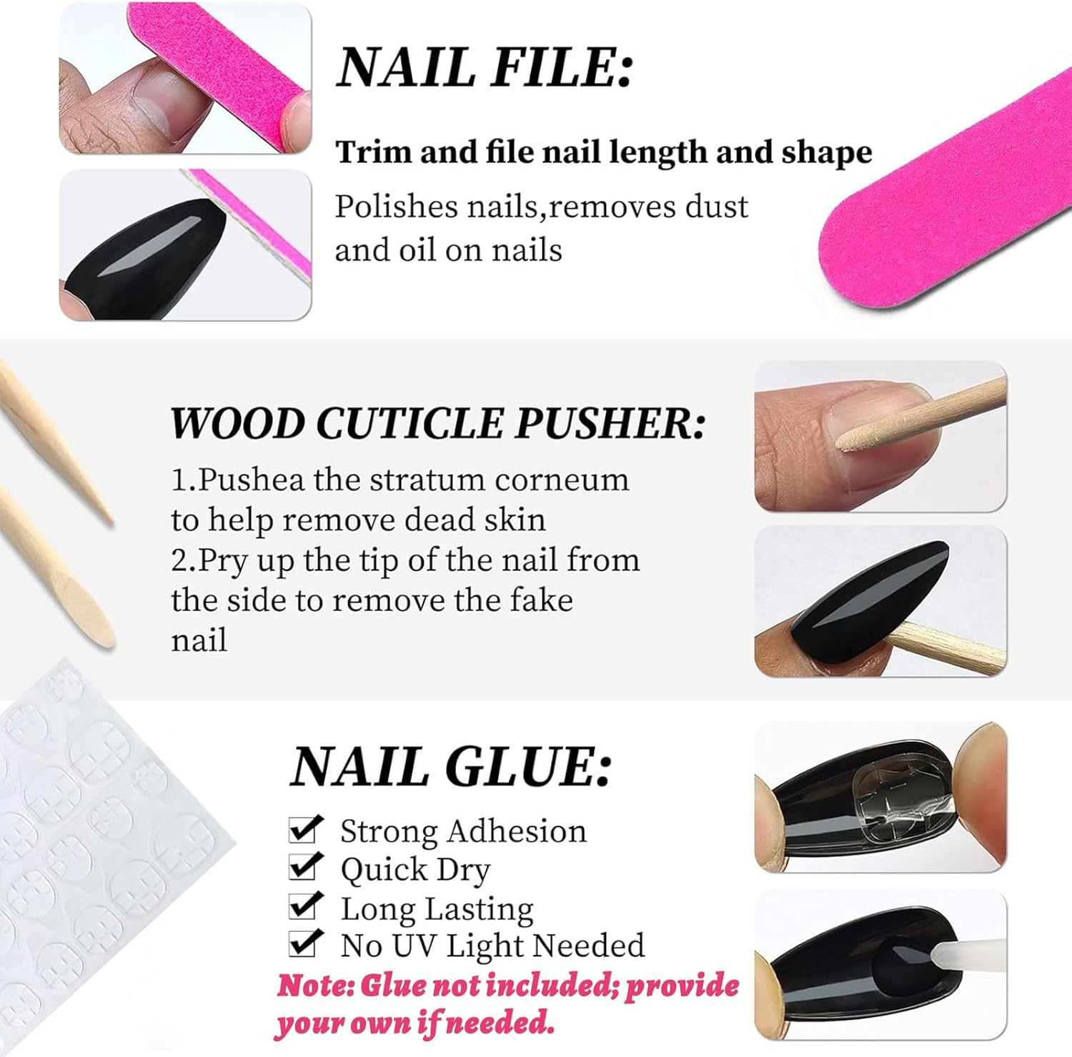 Lunarcharm 240 Pieces White Almond Press-On Nails Medium Size False Nails, Artificial Nail Tips - Black image number 4