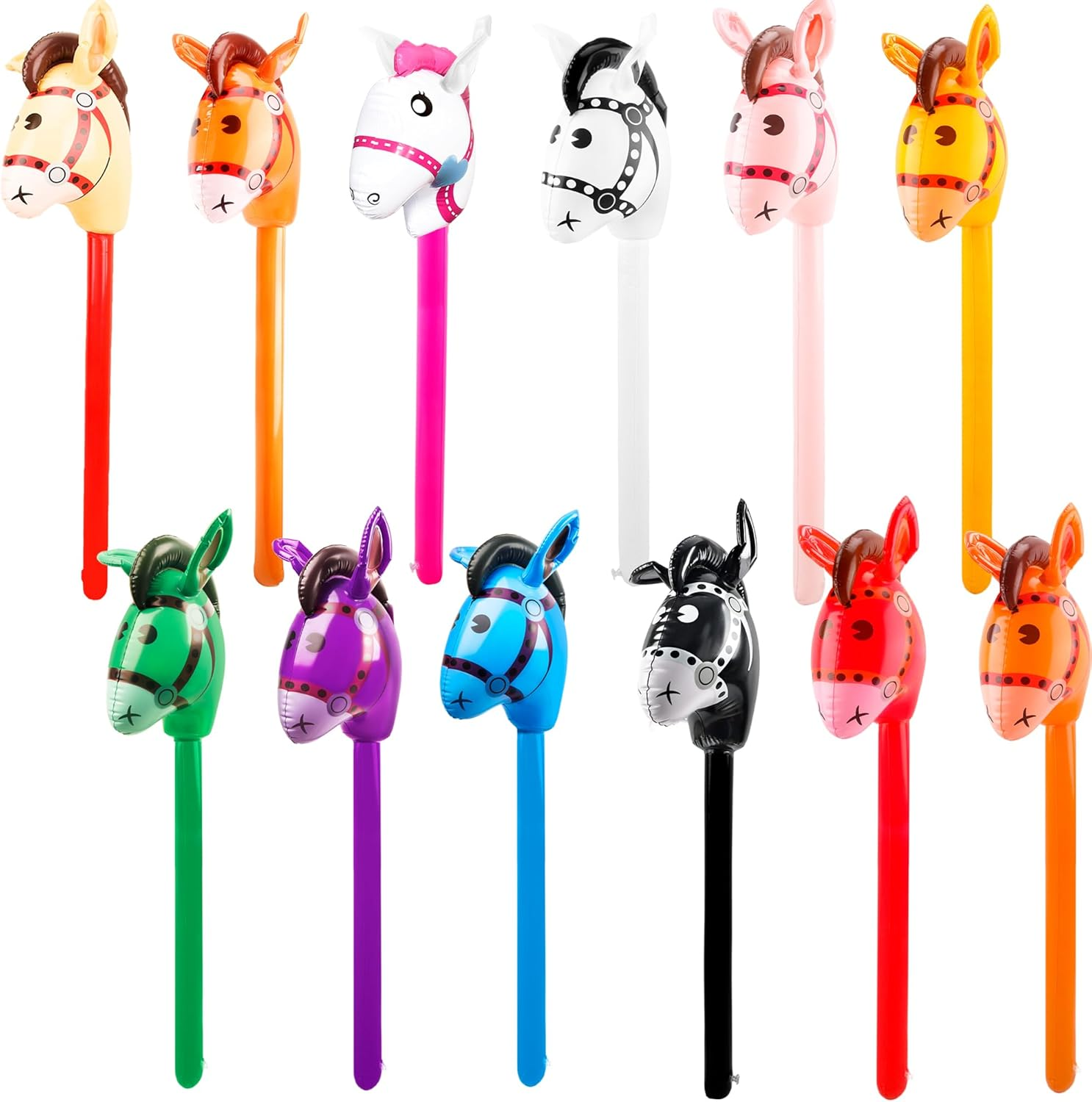 12 Pack Inflatable Stick Horse Bulk Colorful Inflatable Horsehead Stick Balloon Cute Blow up Pony Stick for Kids Birthday Cowboy Horse Theme Party Supply, 6 Colors (Color Set 2)