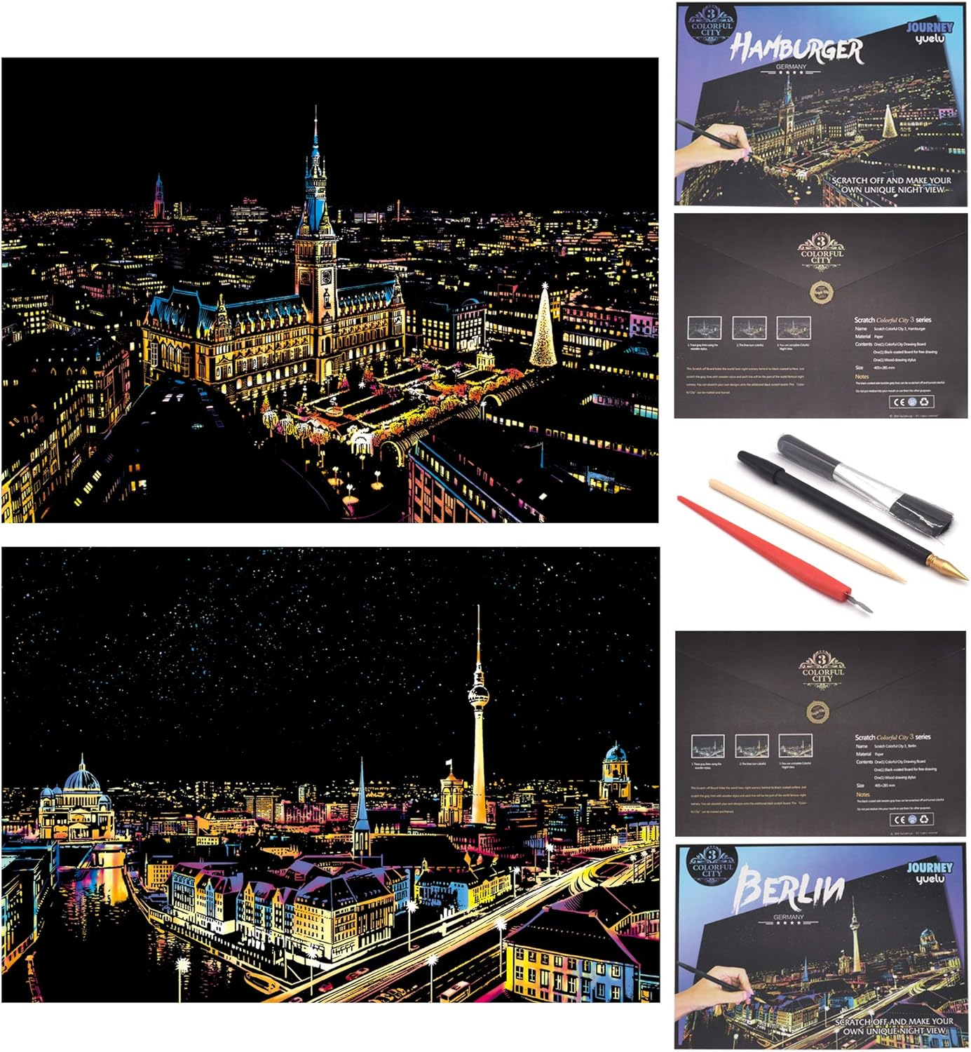 Scratch Rainbow Painting Art Paper,Scratch & Sketch Art for Kids & Adults,Animal Series Creative DIY Gifts&Arts Craft Kits with 4 Tools,16''X11''(Lion&Tiger)