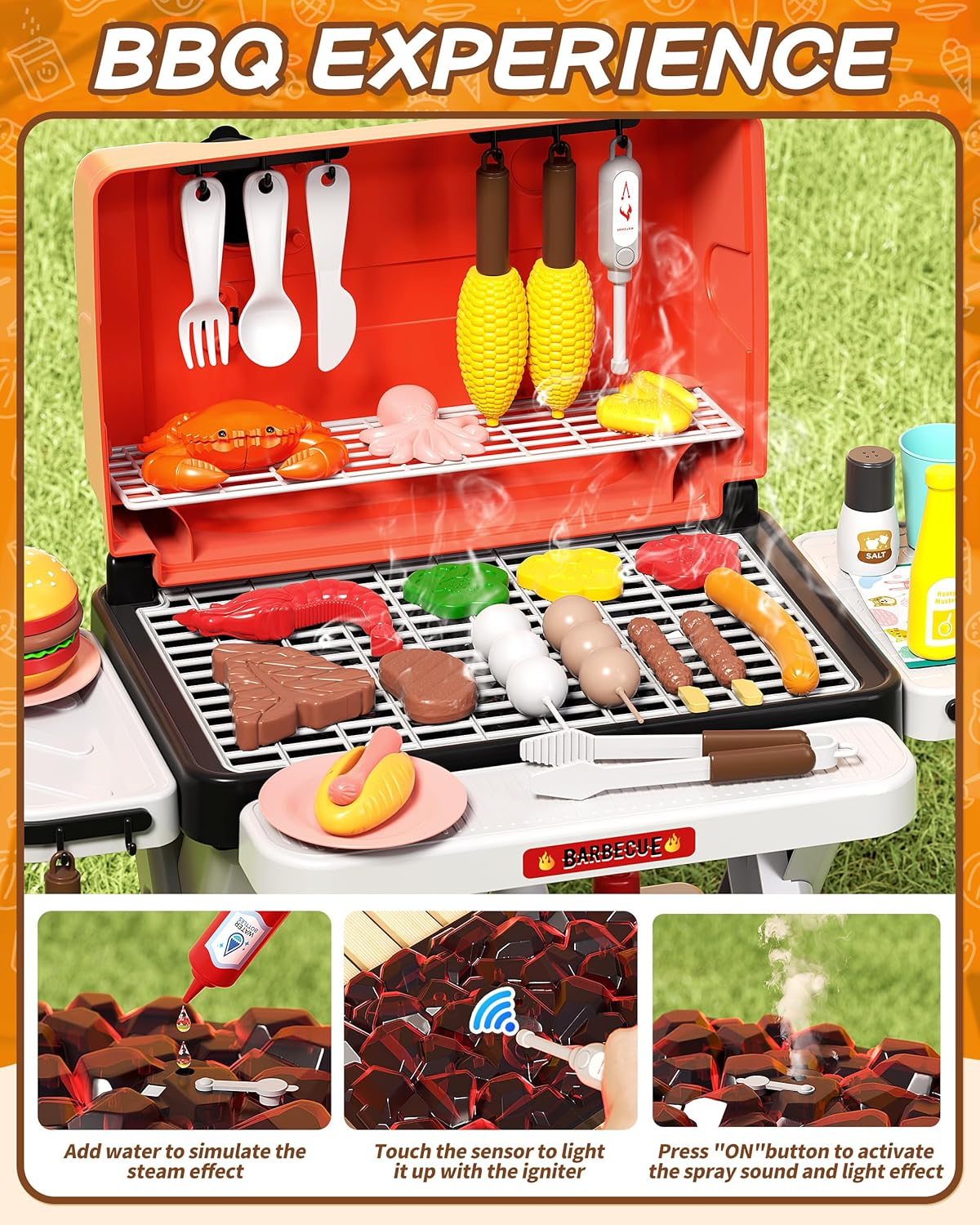 Kids Play Kitchen Toys, Outdoor BBQ Grill Playset with Smoke Sound & Light, Pretend Food Toys Barbecue Cooking Set for Toddlers Boys Girls 3 4 5 6 7 8 image number 2