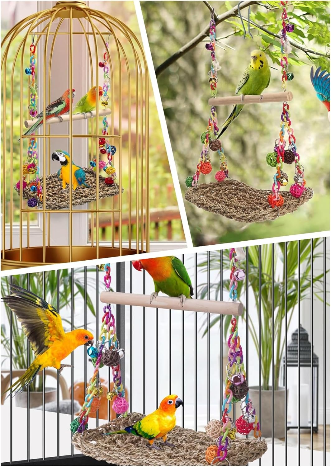 Rattan Weaving Bird Swing Hammock with Stand - Climbing,For Parakeets, Budgies, Cockatiels.