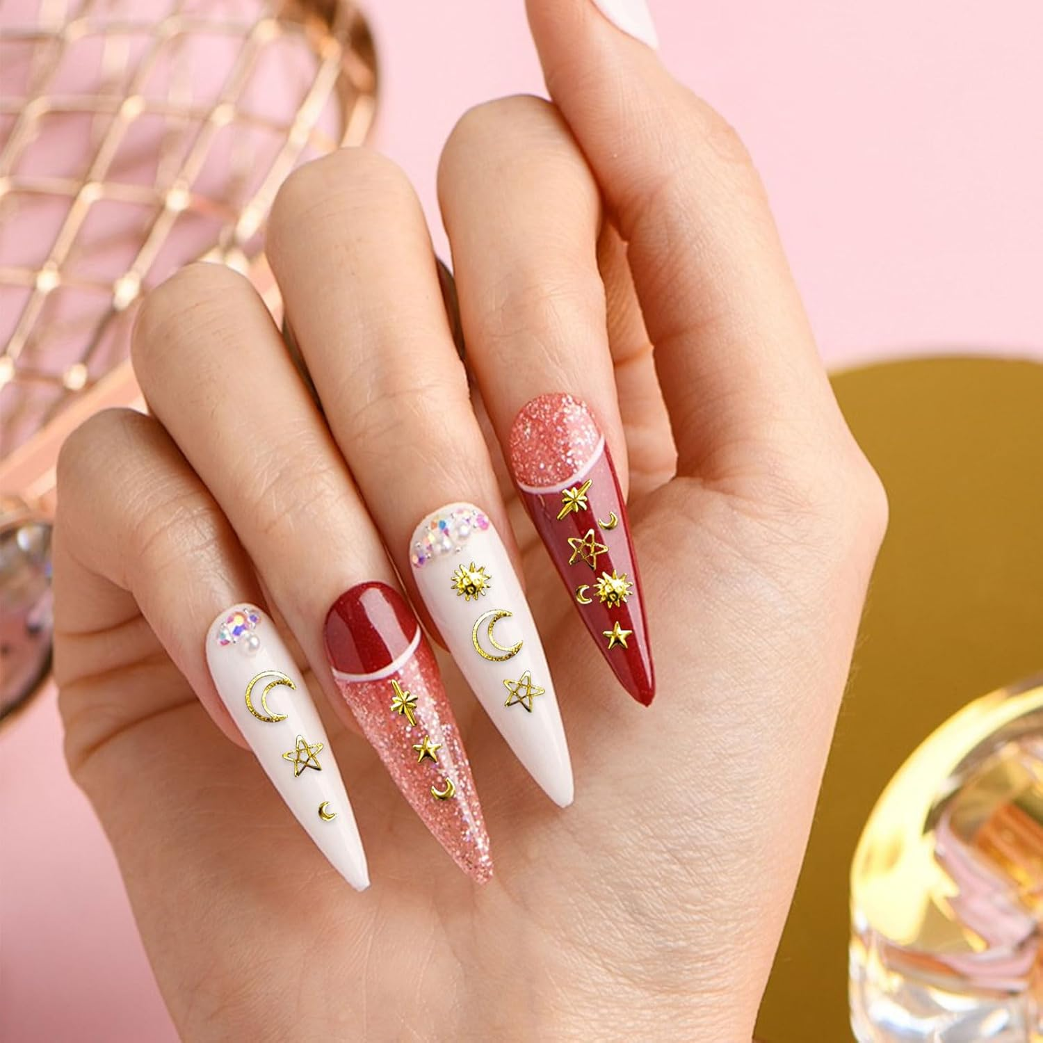 Gold Silver Nail Charms, 2 Boxes 24 Grid Star Heart Flowers Bows Nails Charm Nail Studs, Punk Metal Alloy Nail Gemstone Bow Knot Moon Decoration Accessories for Nail Design DIY Crafts image number 5