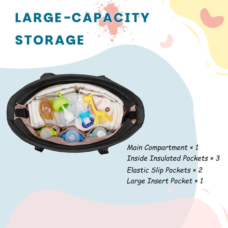 3-Piece Quilted Diaper Bag Set with Changing Mat, Large Capacity Tote with Shoulder Strap, Black image number 4