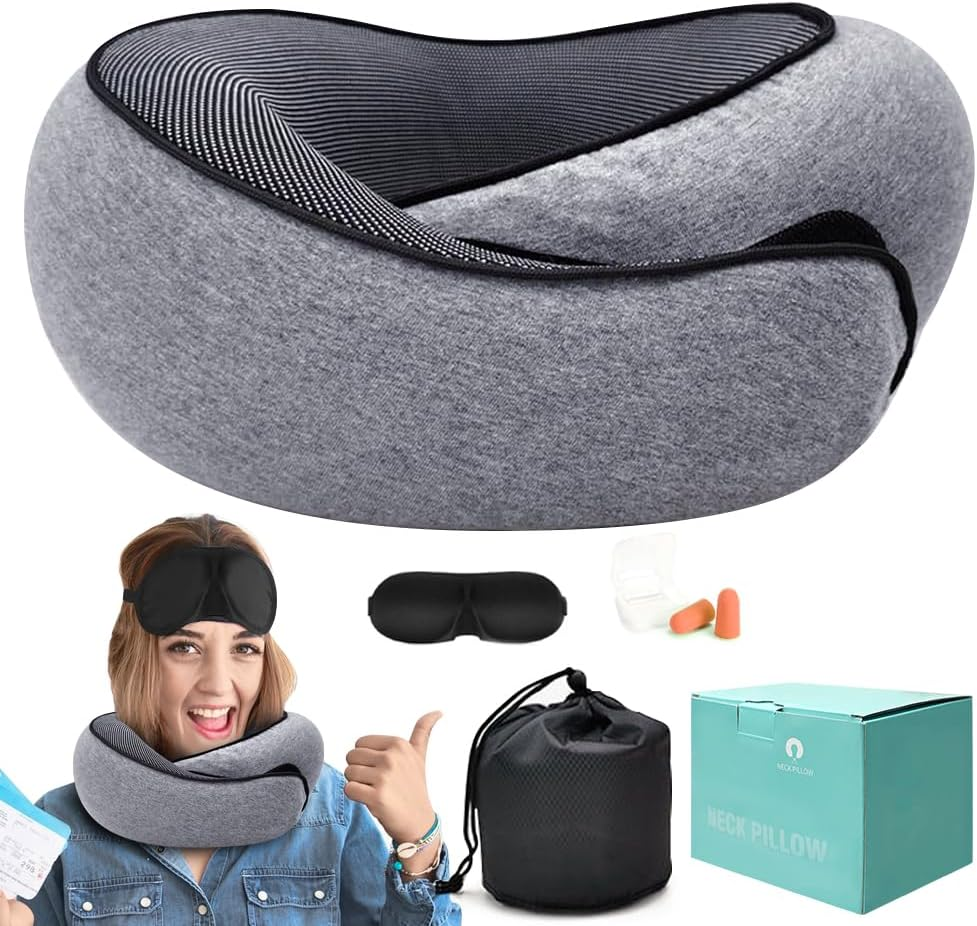 Neck Travel Pillow for Airplanes, Memory Foam 360 Degree Support Pillow with Removable Cover, Compact and Ergonomic Neck Pillow for Travel Home Cars Office, Lightweight & Portable (Black)