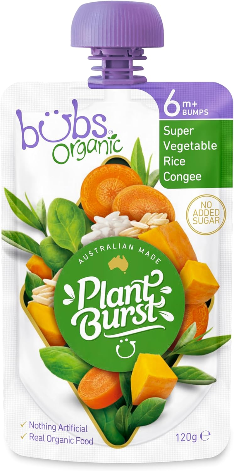 Bubs Organic Super Vegetable Rice Congee Pouch, 6+ Months Baby Food, Veggie Puree Snack, No Added Sugar, 120G (Pack of 3) image number 3