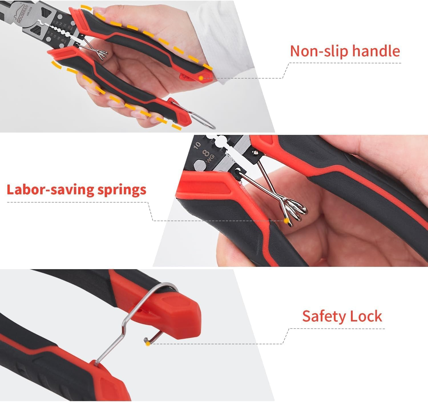 HOUSERAN Linemans Pliers, Combination Pliers with Wire Stripper and Crimper, 8.3 Inch Lineman Plier, Spring Loaded with Safety Lock, 5-In-1 Linesman Pliers for Cutting, Crimping, Stripping image number 4