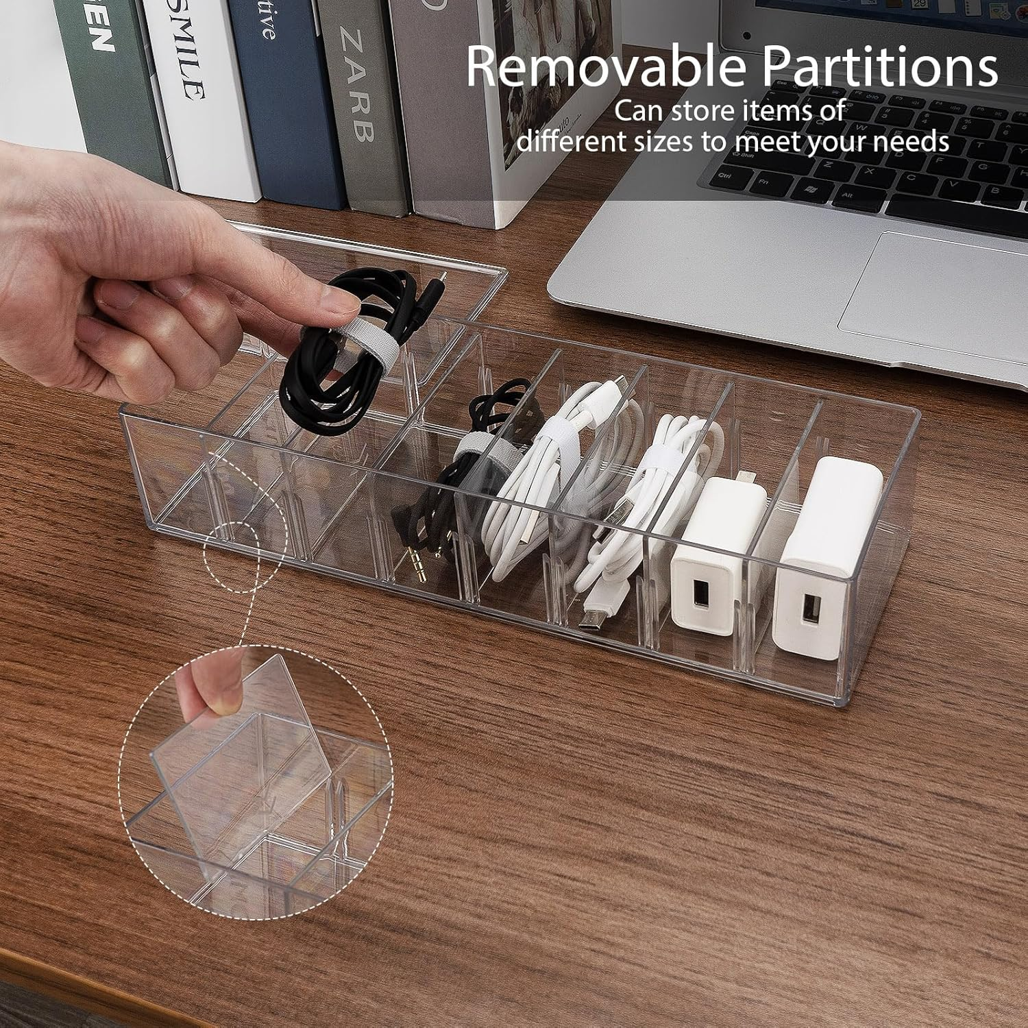 Cable Organizer Box with 10 Wire Ties, Clear Charger Cord Storage Organizer Case, Desktop Drawer Accessories Power Wire Storage with 8 Compartments, Office, Home, Stationery Storage Supplies image number 2