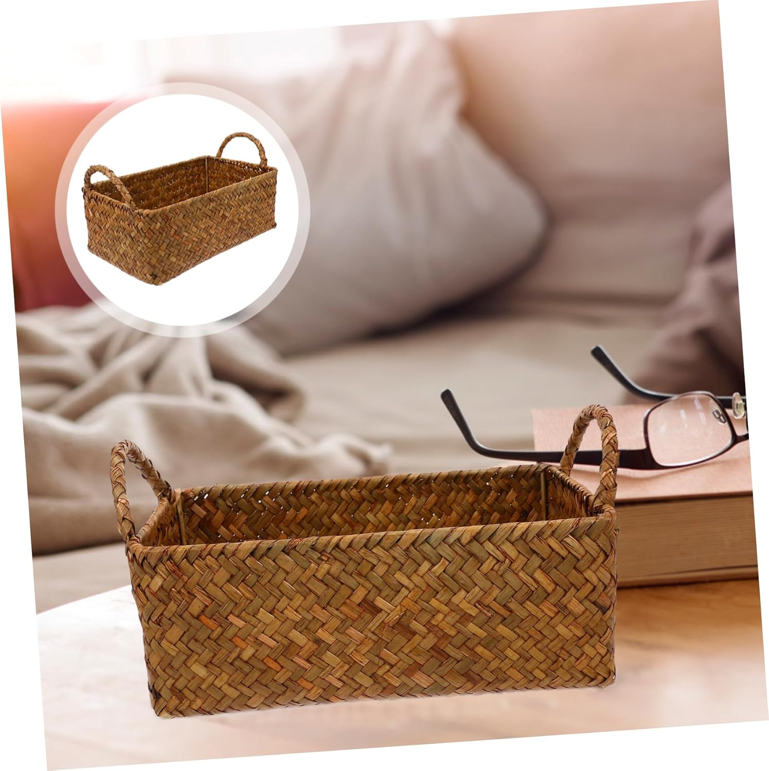 KOMBIUDA Mini Foldable Rattan Woven Basket Double Handle Snack Storage Rectangular Desktop Bread Holder Kitchen and Home Supplies image number 2