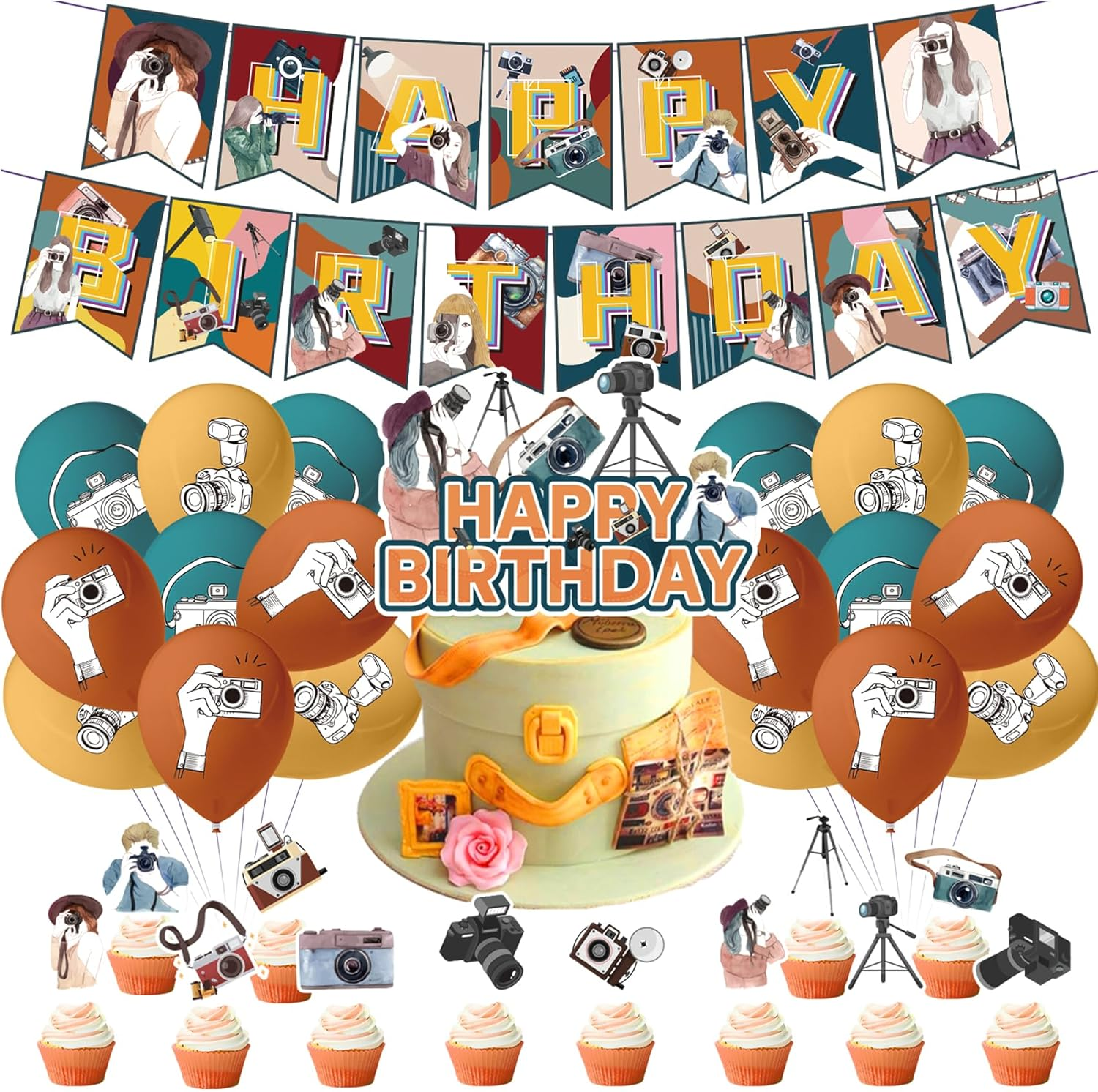 Photography Party Decorations Photography Birthday Party Supplies Includes Photography Birthday Banner Cake Topper Cupcake Toppers Balloons for Photographer Party Photography Enthusiast Party image number 6