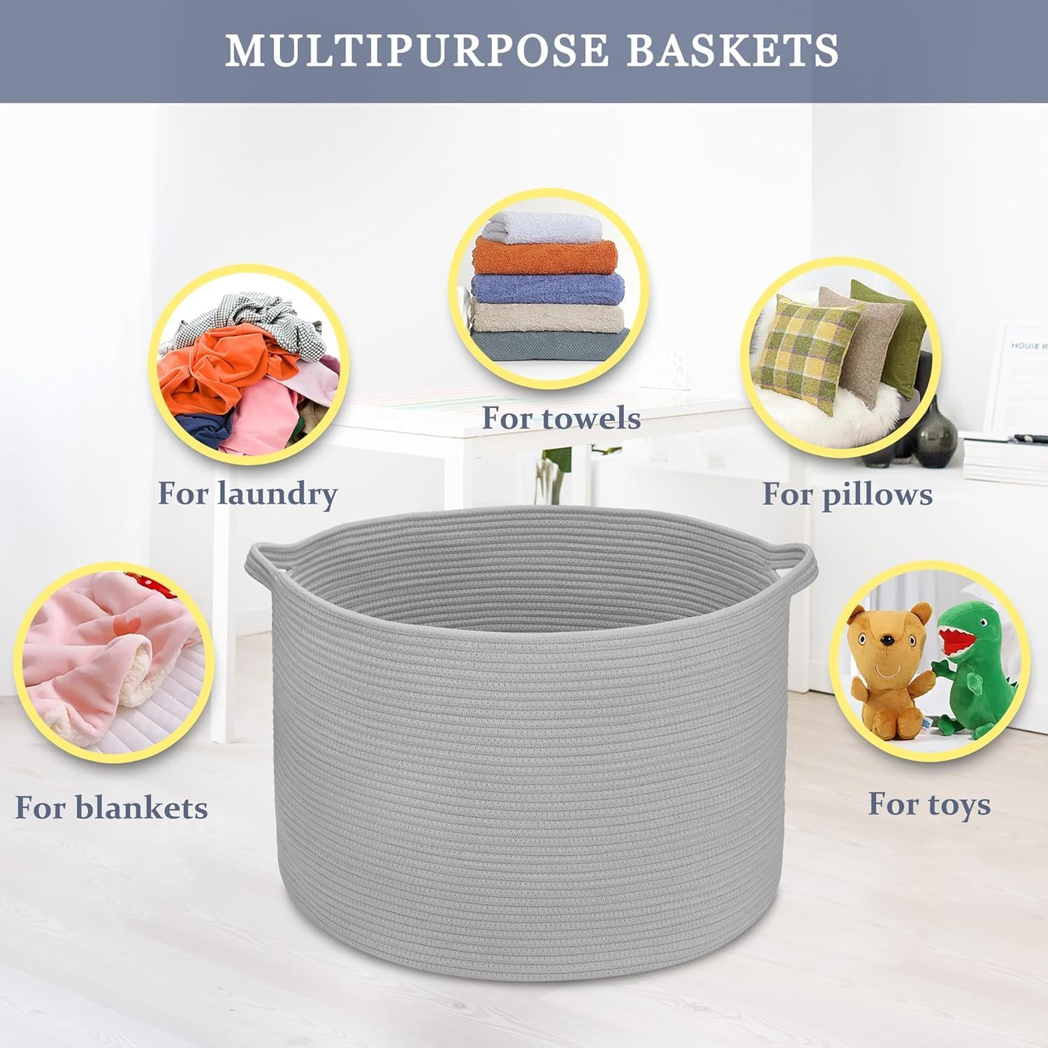 Large Blanket Basket，Large Storage Basket，Gray Wicker Woven Cotton Rope Baskets for Storage, Cotton Rope Blanket Basket for Living Room, Laundry, Nursery, Pillows, Baby Toy Chest （Gray） image number 4