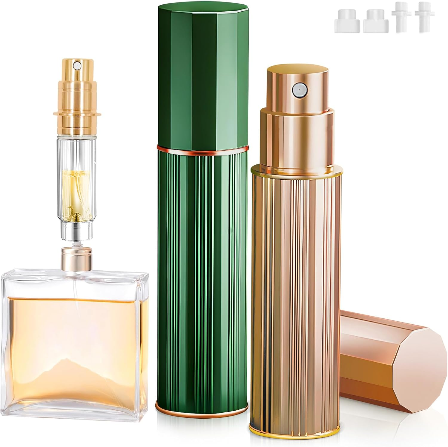 2 Pcs 10ML Perfume Atomiser Travel Bottle, Mini Perfume Spray Bottle Refillable, Leak-Proof, Fine Mist, Portable Travel Accessories for Women& Men Handbag Pocket Luggage, Gold & Green