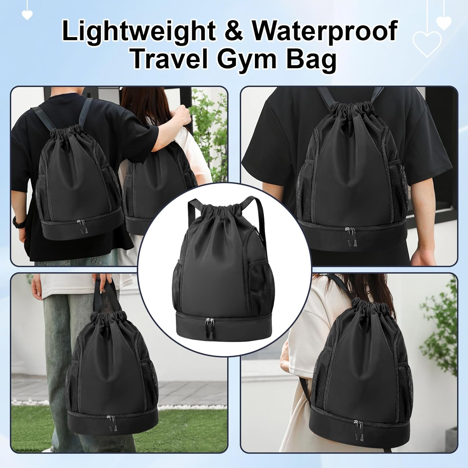 Drawstring Backpack Sports Gym Bag, Water Resistant String Bag Gym Sports Bag, Shoe Compartment Side Mesh Pockets Bulk Cinch Bag for Women Men - Black image number 2