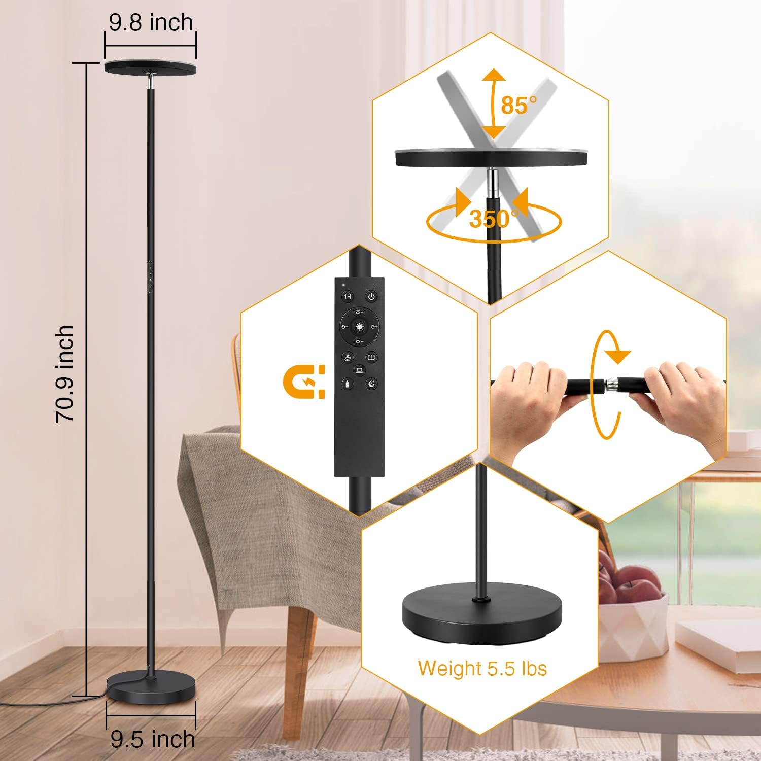 OUTON Floor Lamp, 30W/3000LM LED Modern Torchiere Sky Lamp, Super Bright Dimmable Standing Tall Lamp with 4 Color Temperatures, Remote Touch Control, 1 Hour Timer for Living Room Bedroom Office, Black image number 2