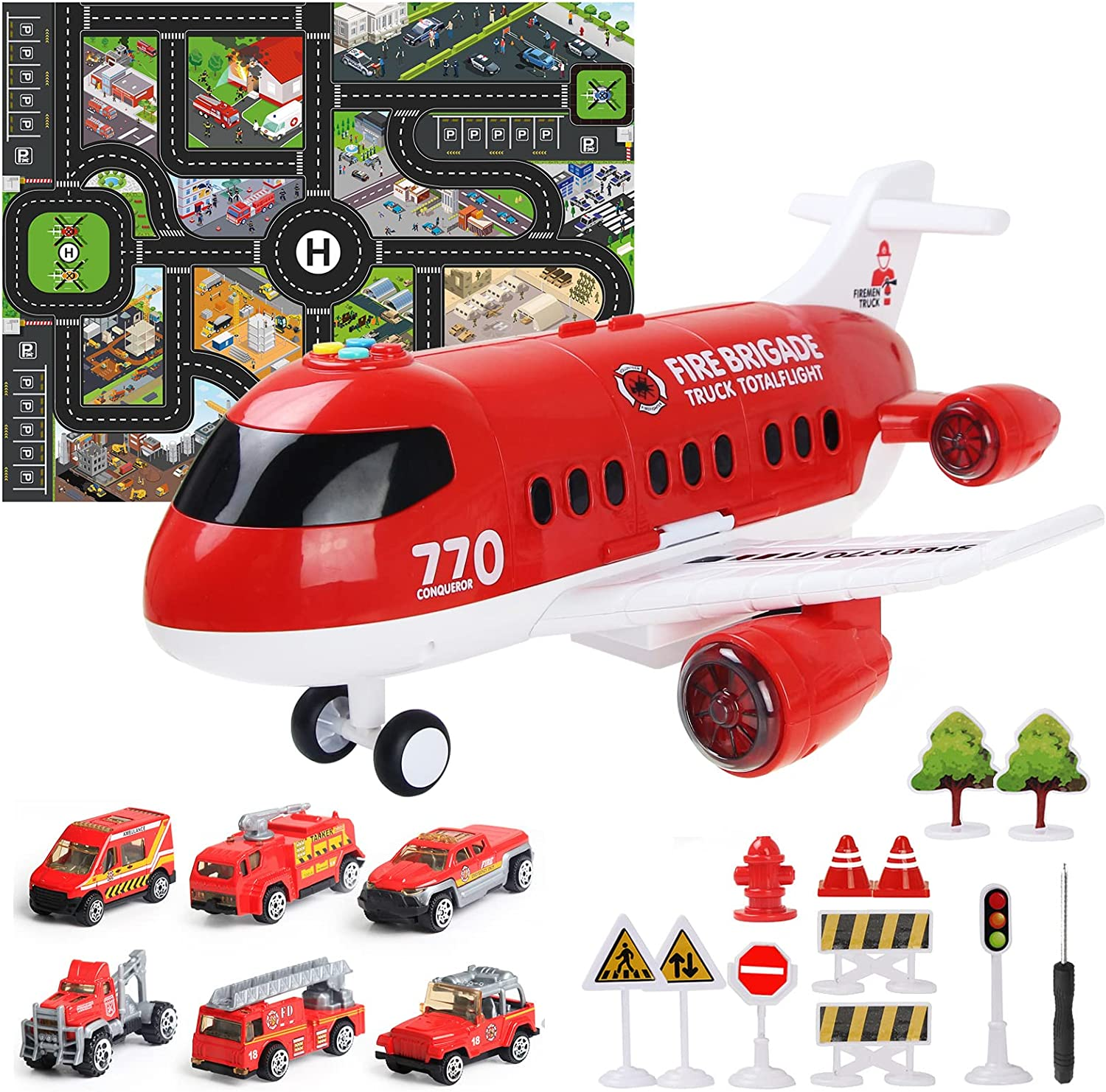 Coolplay Airplane Toy Car Set Red Airplane Light and Sound with Rescue Fire Trucks Road Signs Playmat for Kids Boy Toys