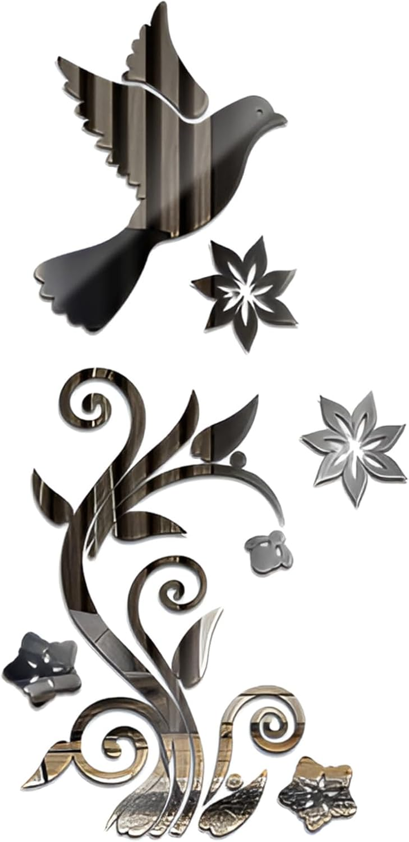 WUMUZAI Pigeon Flower 3D Acrylic Mirror Wall Stickers, Flying Bird Mirror Wall Decals Peel and Stick, Self Adhesive Wall Art Modern Home Decor for Living Room Sofa Backdrop Decoration (Silver)