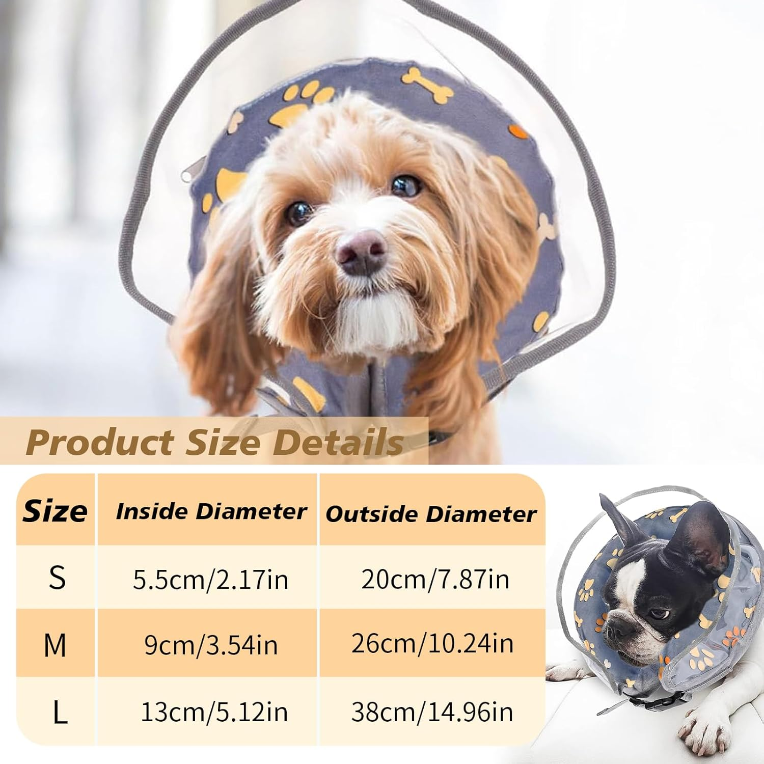 Inflatable Dog Cone Collar - Soft & Comfortable Collar for Small/Medium Dogs, Adjustable Donut Collar to Prevent Licking Wounds & Stitches, Cute Pattern Pet Surgery Protection (Grey, S) image number 3