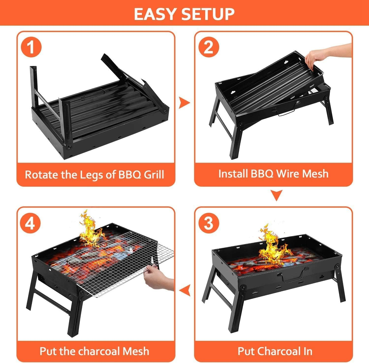 Yotsuba Charcoal BBQ Grill, Portable BBQ Set, Lightweight Barbecue Folding Steel Roast Rack +50 Pcs Bamboo BBQ Skewers(Bbq Grill Set + Bamboo BBQ Skewers) image number 2