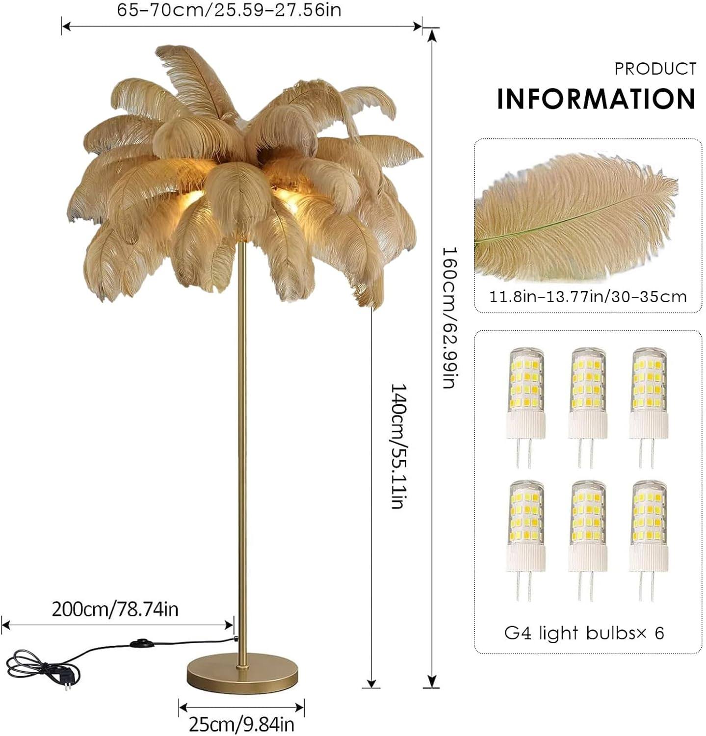 Anram Ostrich Feather Floor Lamp,Feather Standing Lamp Dimmable G4-LED Bulb Golden Lamp Body for Living Room Bedroom 160Cm Tall Reading Light - Gray image number 2