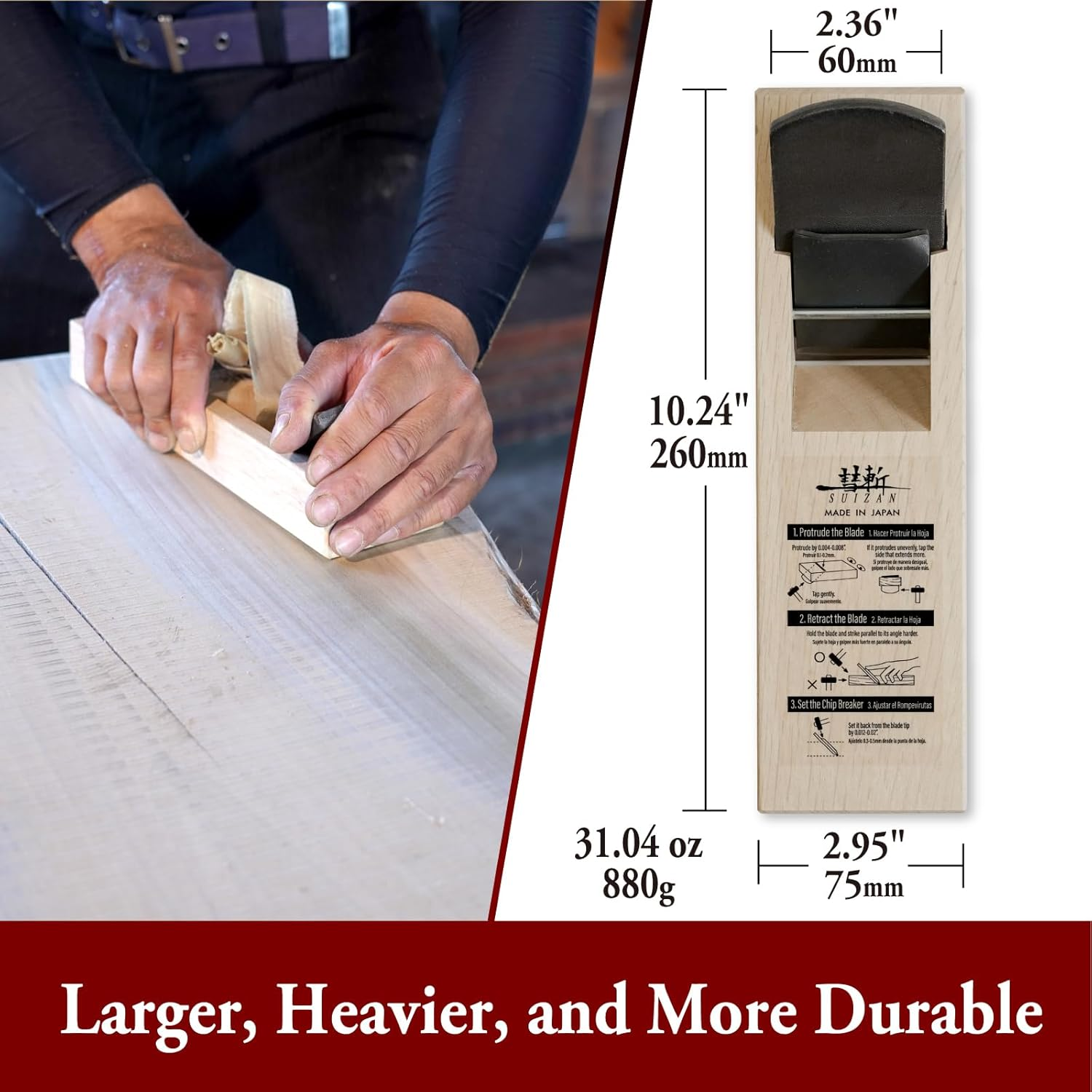 SUIZAN Kanna Japanese Wood Planer 60Mm - Professional Hand Block Plane Woodworking Tools image number 5