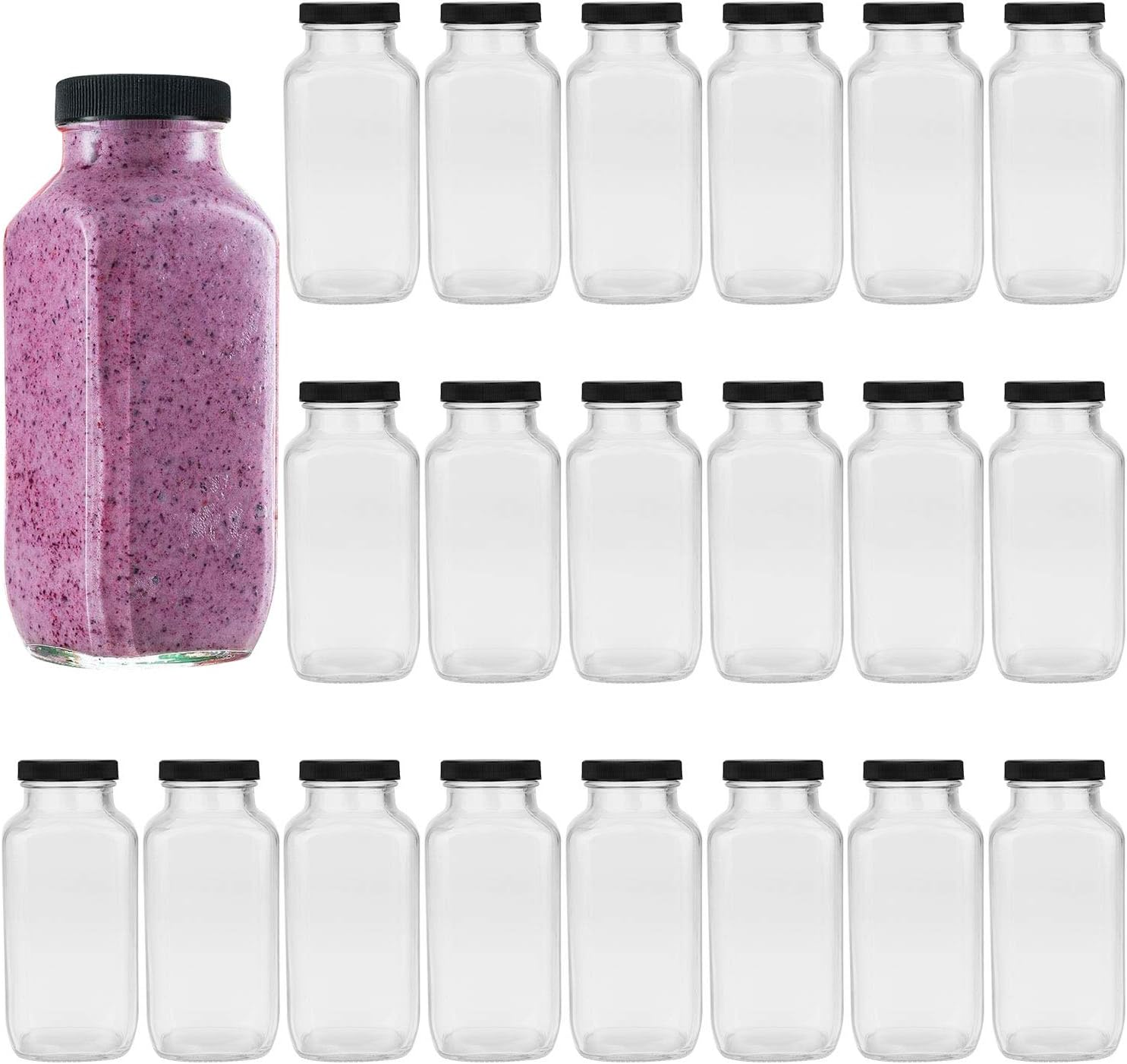 Encheng Beverages Drinking Bottles 12Oz,Glass Water Botttles with Lids,Octagonal Vintage 350Ml,Juice Bottles for Storage Tea,Kombucha,Milk Bottles Smoothies Bottles 20Pack image number 1