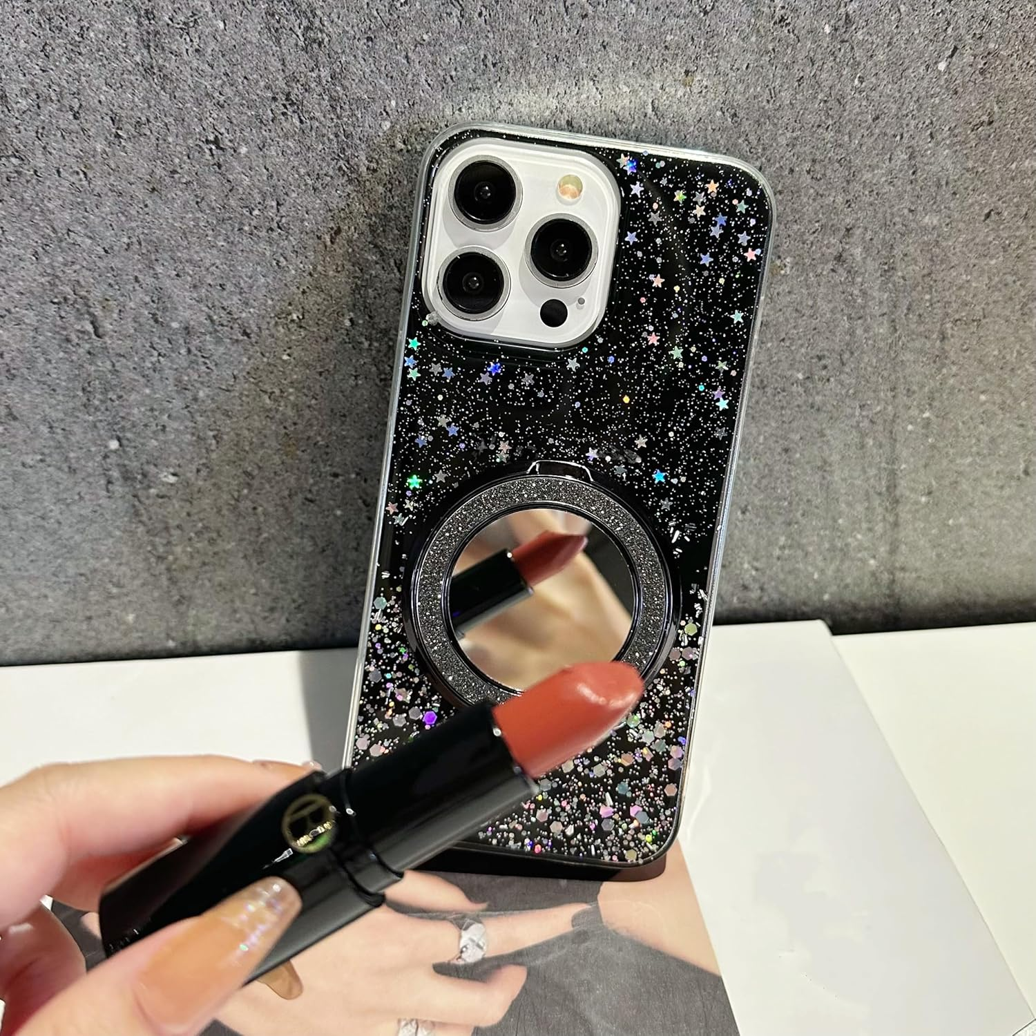 IMEIKONST Glitter Case Compatible with Iphone 16E with Makeup Mirror Holder, Sparkle Transparent Bling Shell Shockproof Soft TPU Silicone Bumper Cover for Iphone 16E. Green DJJ