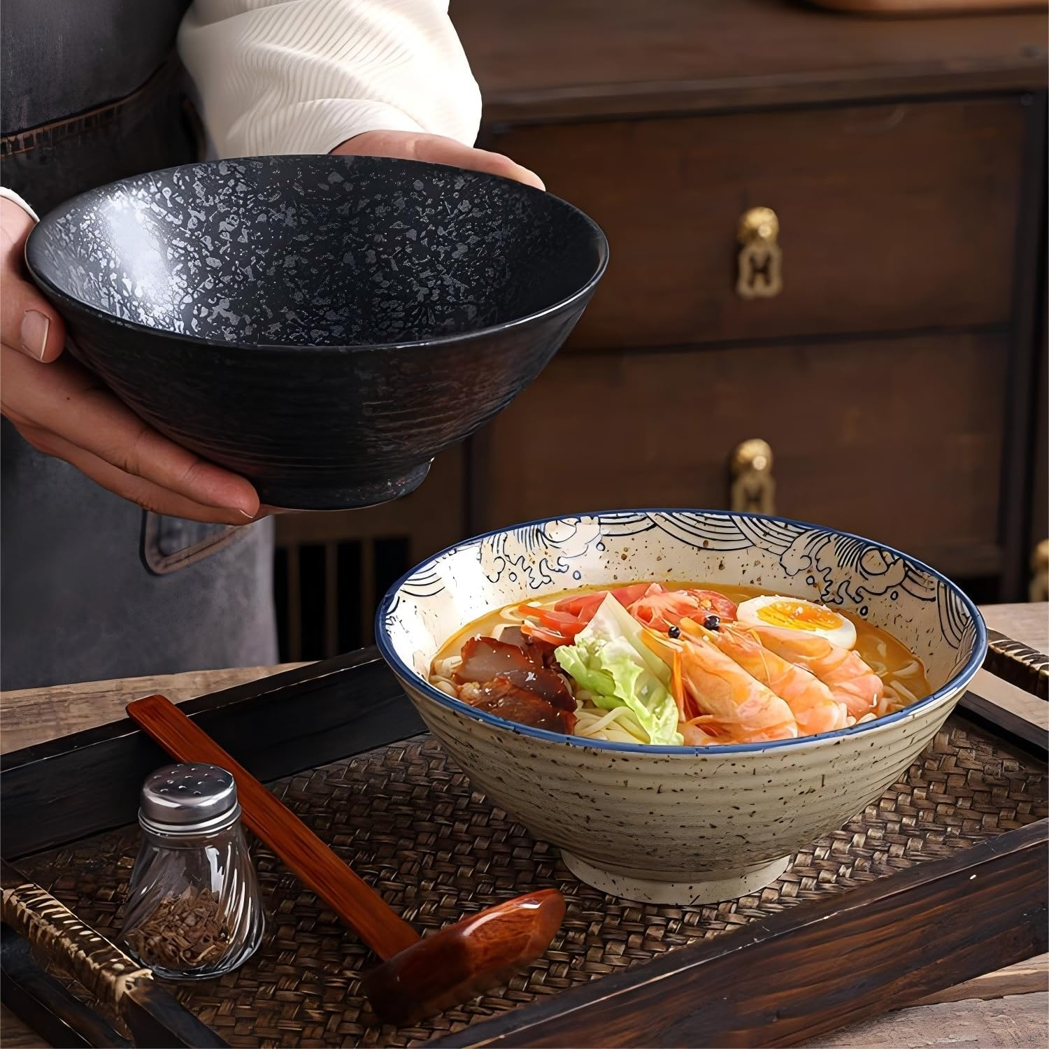 Ramen Ceramic Bowl Set, 2 X 1200 Ml Japanese Tableware with Chopsticks and Spoon, Premium Large Pasta Bowls, Soup Bowls, Salad Bowls for Pho Ramen image number 4