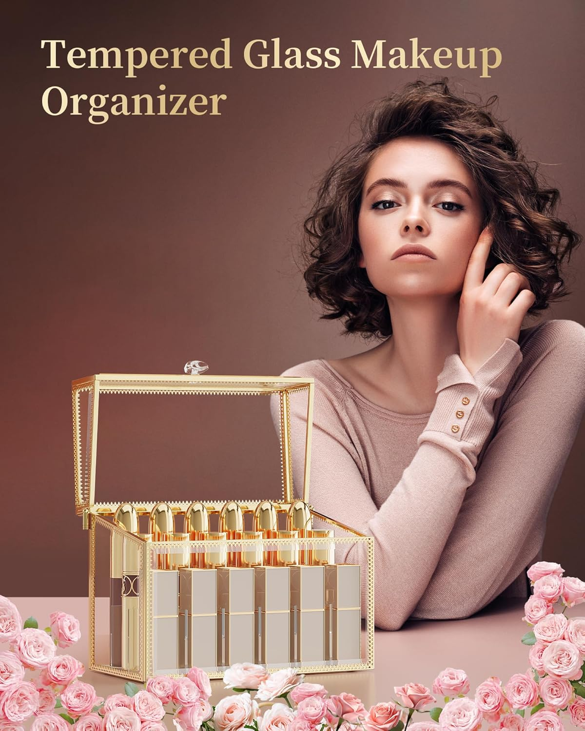 Coralhouse Lipstick Organizer,Luxury Tempered Glass Lipstick Holder & Nail Polish Organizer, 18-Slot Vanity Cosmetic Organizer with Removable Dividers, Gold image number 4