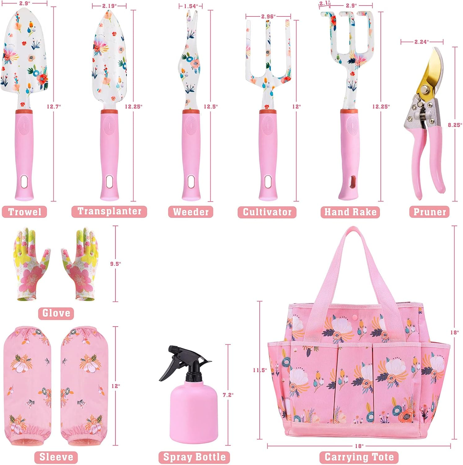 Garden Tools Set,Heavy Duty Gardening Tools for Gardener,Gardening Gifts for Women,With Storage Tote Bag,Sleeves,Gloves,Trowel,Transplanter,Rake,Weeder,Cultivator,Pruner,Succulent Hand Tools,Pink image number 3