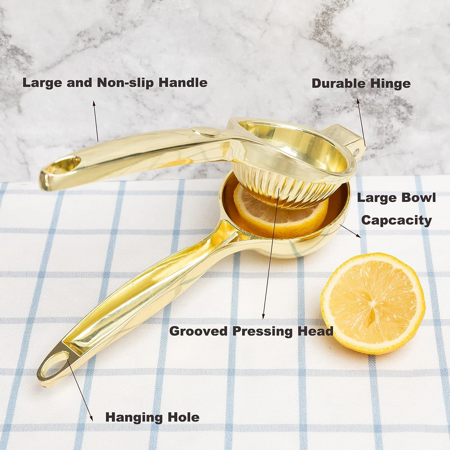 Lemon Squeezer, Heavy Duty Zinc Manual Lemon Juicer, High Yield Threaded Groove Small Oranges Limes Citrus Juicer Hand Press, Juice Maker for Cocktails Home Restaurant Kitchen Utensils(Gold) image number 2