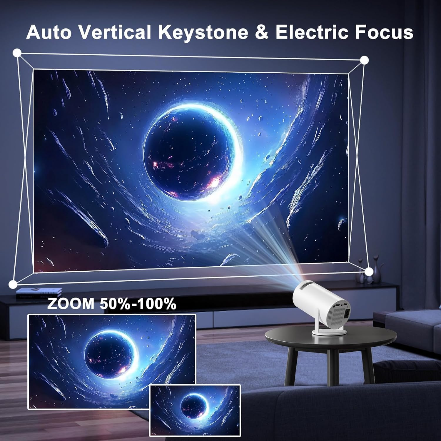 Mini Smart Portable Projector 4K Support, 7000 Lumens, Android 11 OS, Wifi 6 & Bluetooth 5.0, 180&deg; Rotatable, Auto Keystone Home Theater Movie Projector for Outdoor/Indoor image number 3