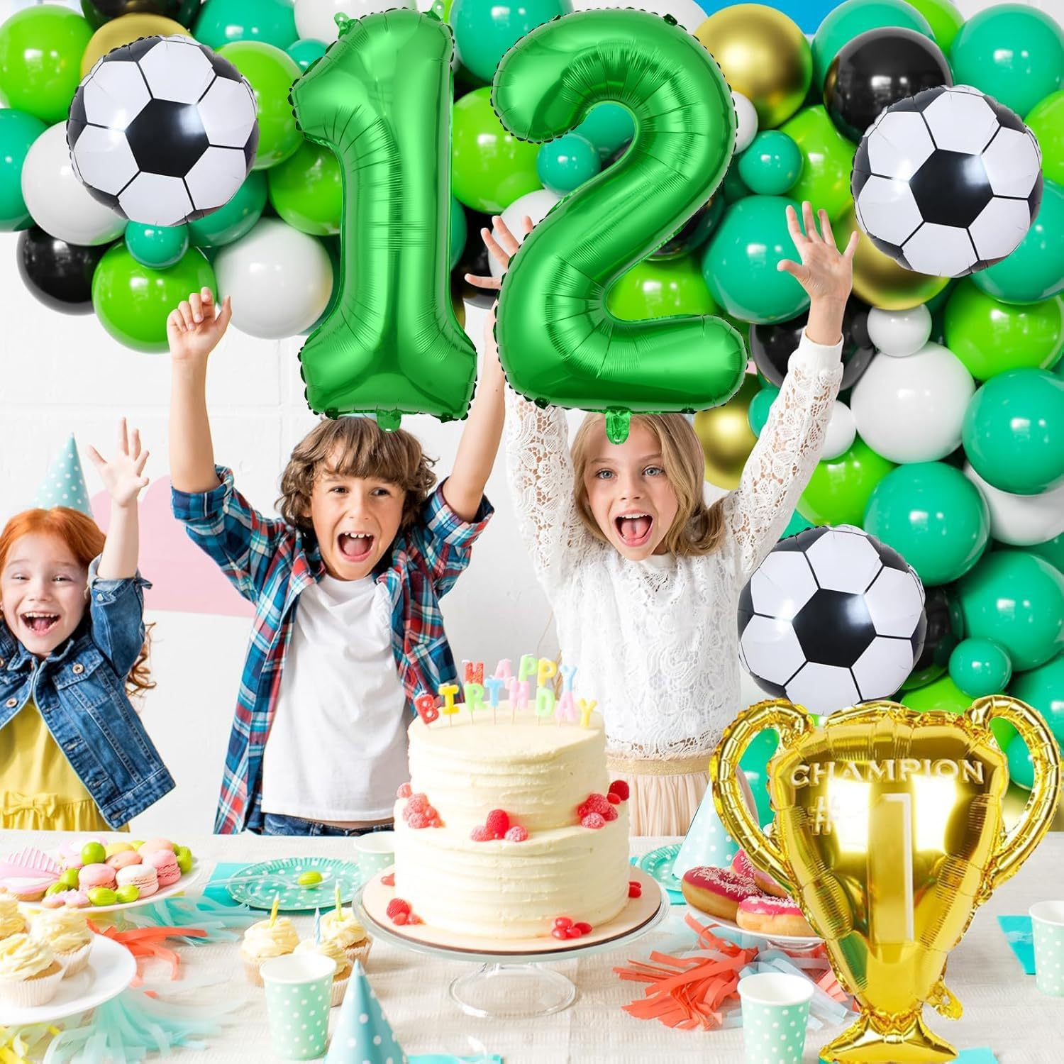 Soccer 12Th Birthday Decoration for Boys, World Cup Party Supplies, Foil Mylar Green 12 Sports Theme Party Favors, Anniversary Decor