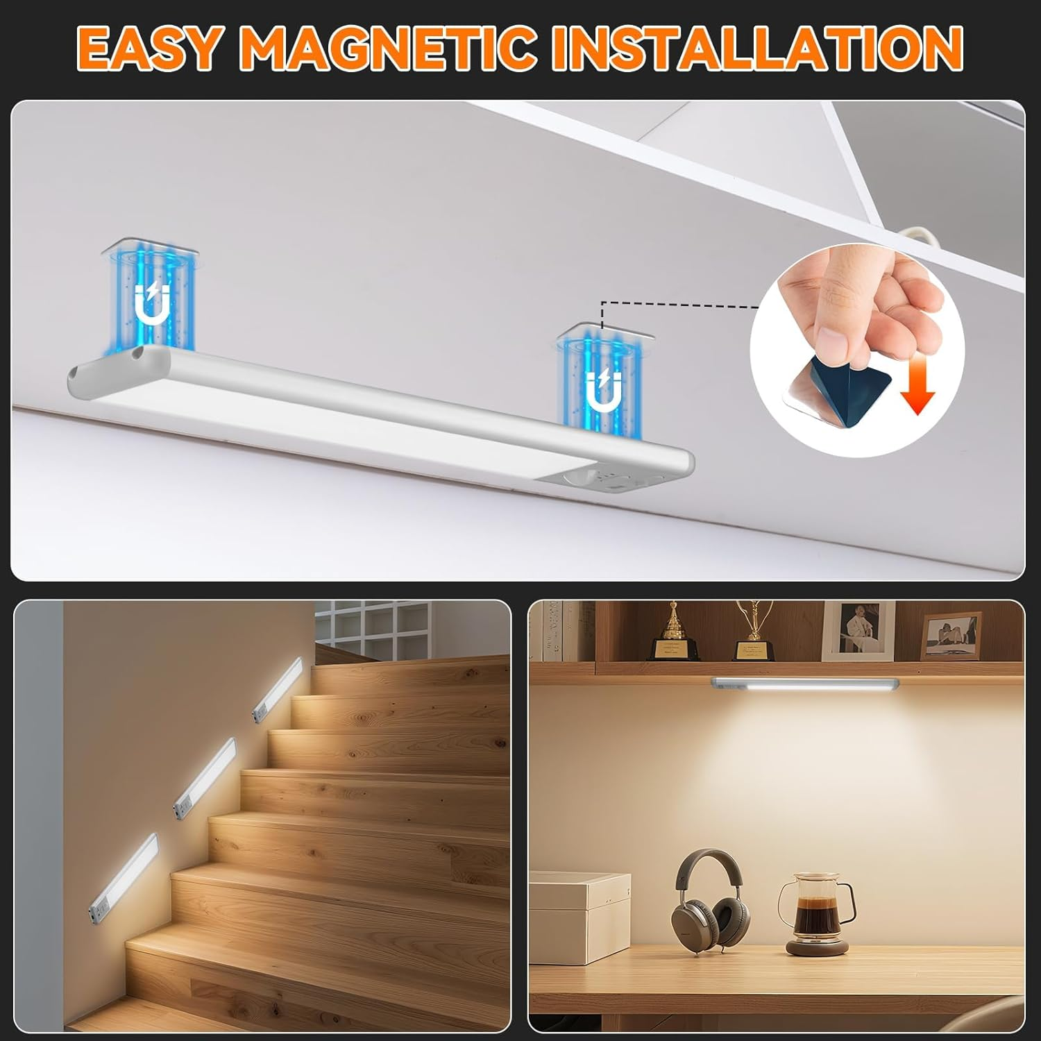 2 Pack Rechargeable under Cabinet Lighting, Indoor Motion Sensor Light, 3 Color &Dimmable Magnetic Closet Lights, 1500Ah Wireless Cabinet Lights for Kitchen, Shelf, Pantry, Hallway(24Cm)