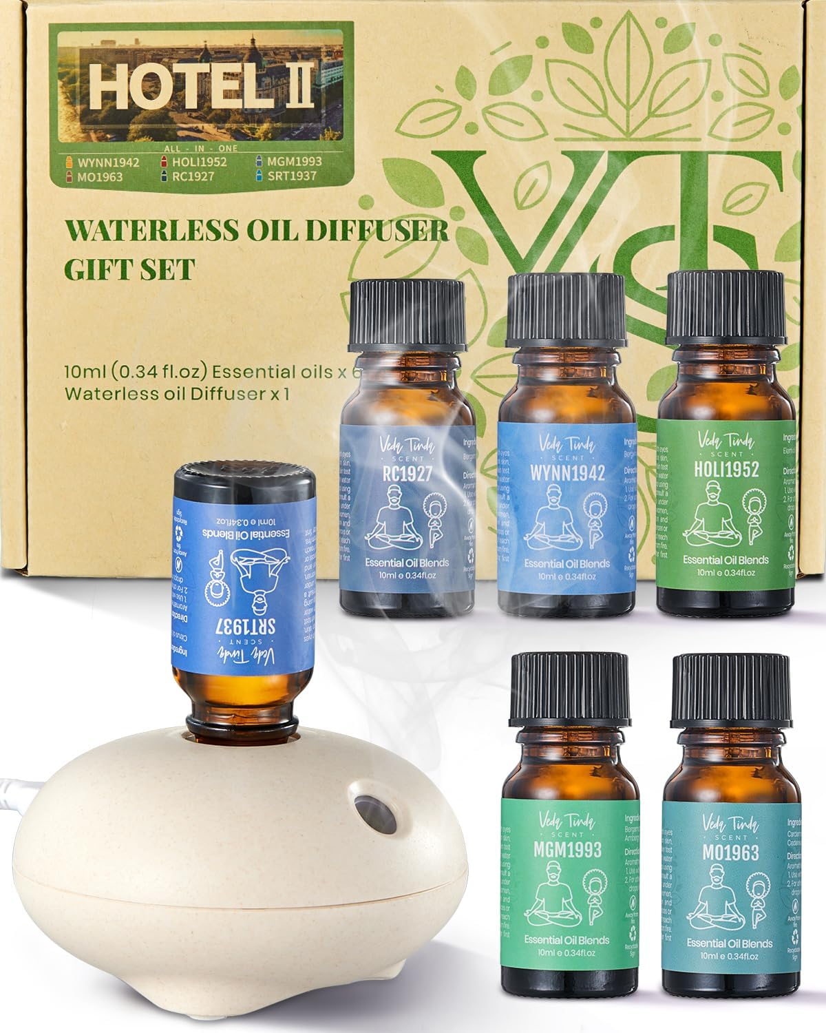 Hotel Scent Essential Oils with Waterless Diffuser, Luxury Hotel Inspired Home Fragrance Aromatherapy Oil Blends 6X10Ml image number 1