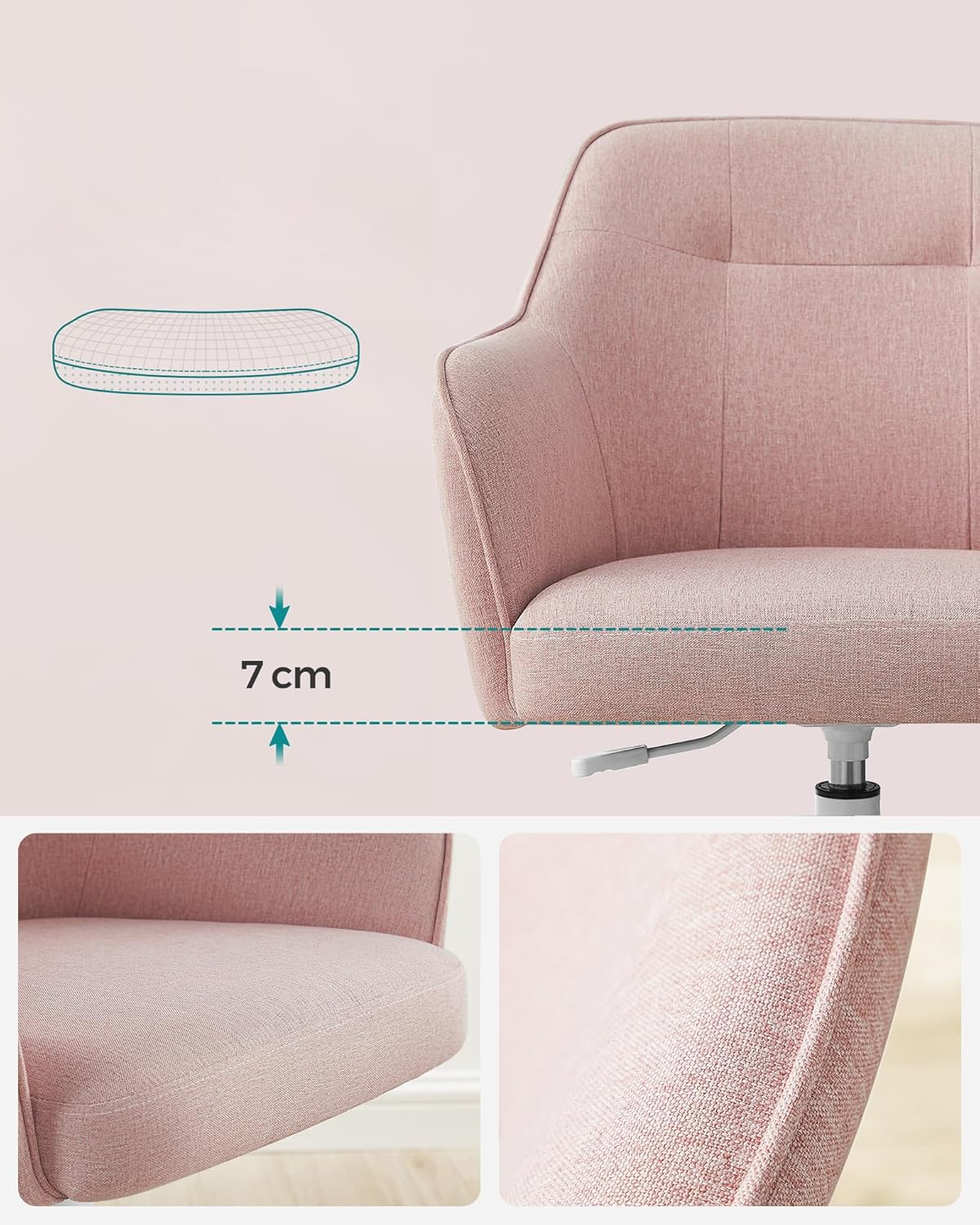 Songmics OBG019P01 Home Office Swivel Chair Office Chair Height Adjustable up to 110 Kg Breathable Fabric for Study Bedroom Pink