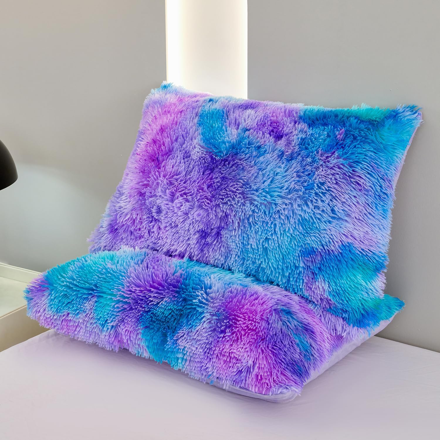 SUCSES Plush Shaggy Bedding Duvet Cover Set for Teens Girls, 3Pcs Faux Fur Fluffy Velvet Comforter Cover Set, Blue Purple Tie Dye Furry Bed Sets for Kids Teens (Blue Purple, Full) image number 6