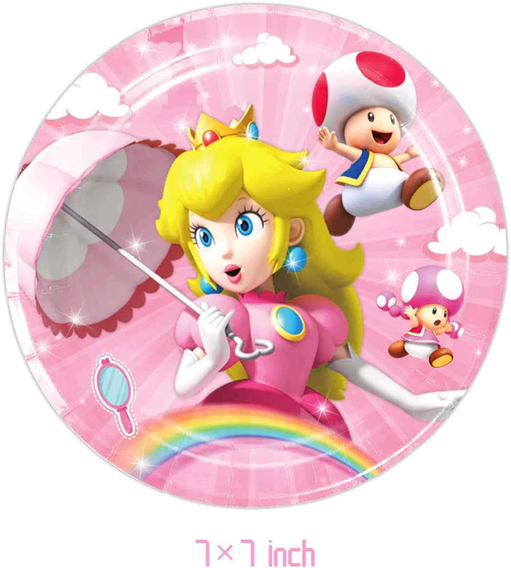 GYSIXGAOSU 41Pcs Princess Peach Birthday Decorations, 20 Plates, 20 Napkins and 1 Tablecover for Princess Peach Birthday Party Supplies