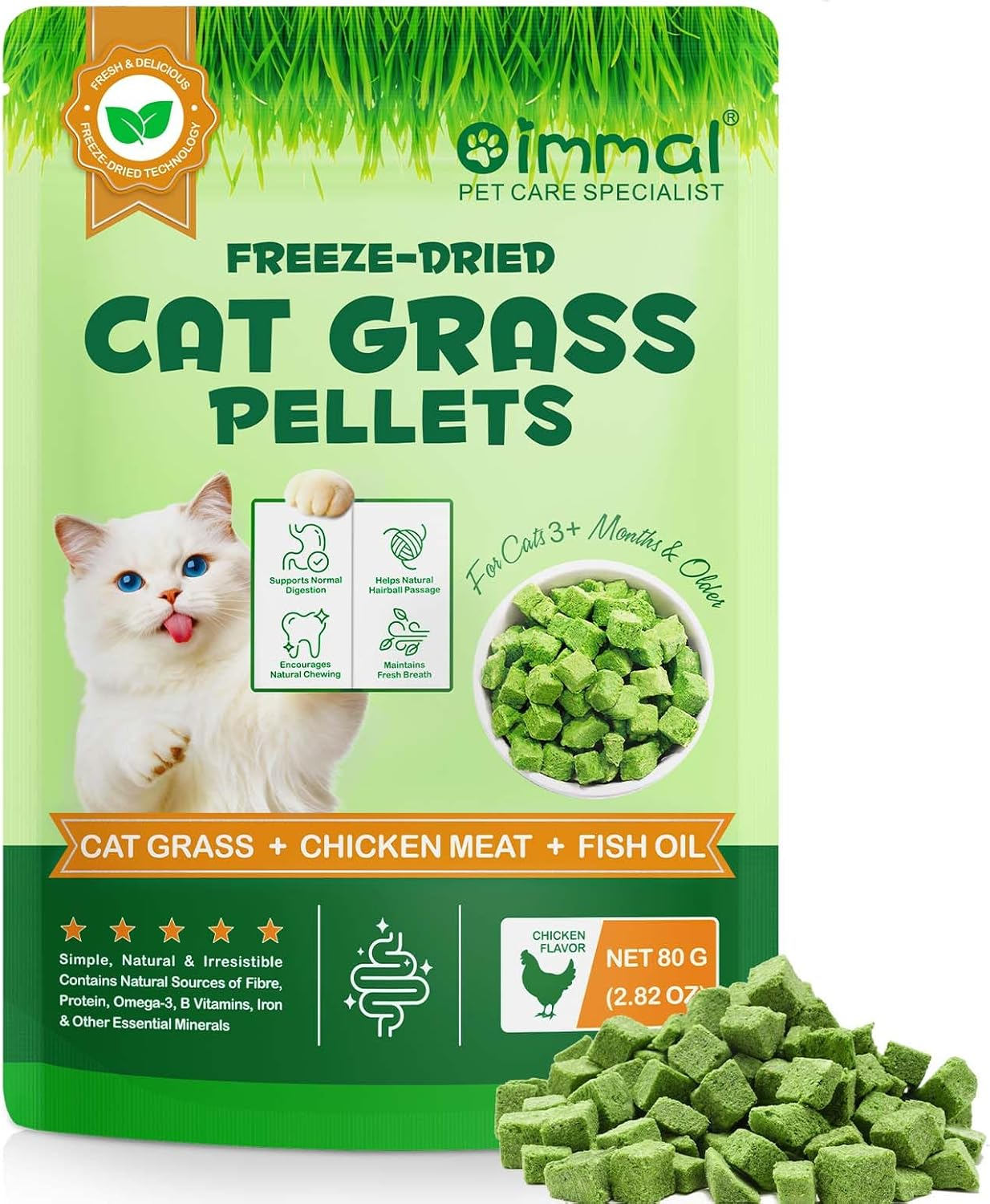 Freeze-Dried Cat Grass Pellets | Cat Grass + Chicken Meat + Fish Oil | Tasty Chew Treats for Cats 3+ Months | Supports Digestive Comfort & Chewing | 80G image number 2