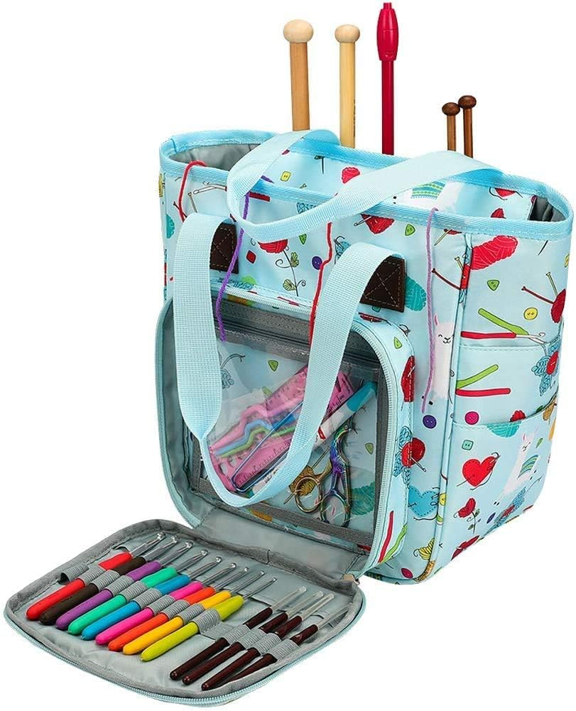 Knitting Bag Yarn Storage Organizer, Portable Knitting Tote Basket Yarn Bags for Crochet Hooks, Crocheting Kit, Knitting Needles, Yarn Balls, Project & Sewing Supplies (Navy)