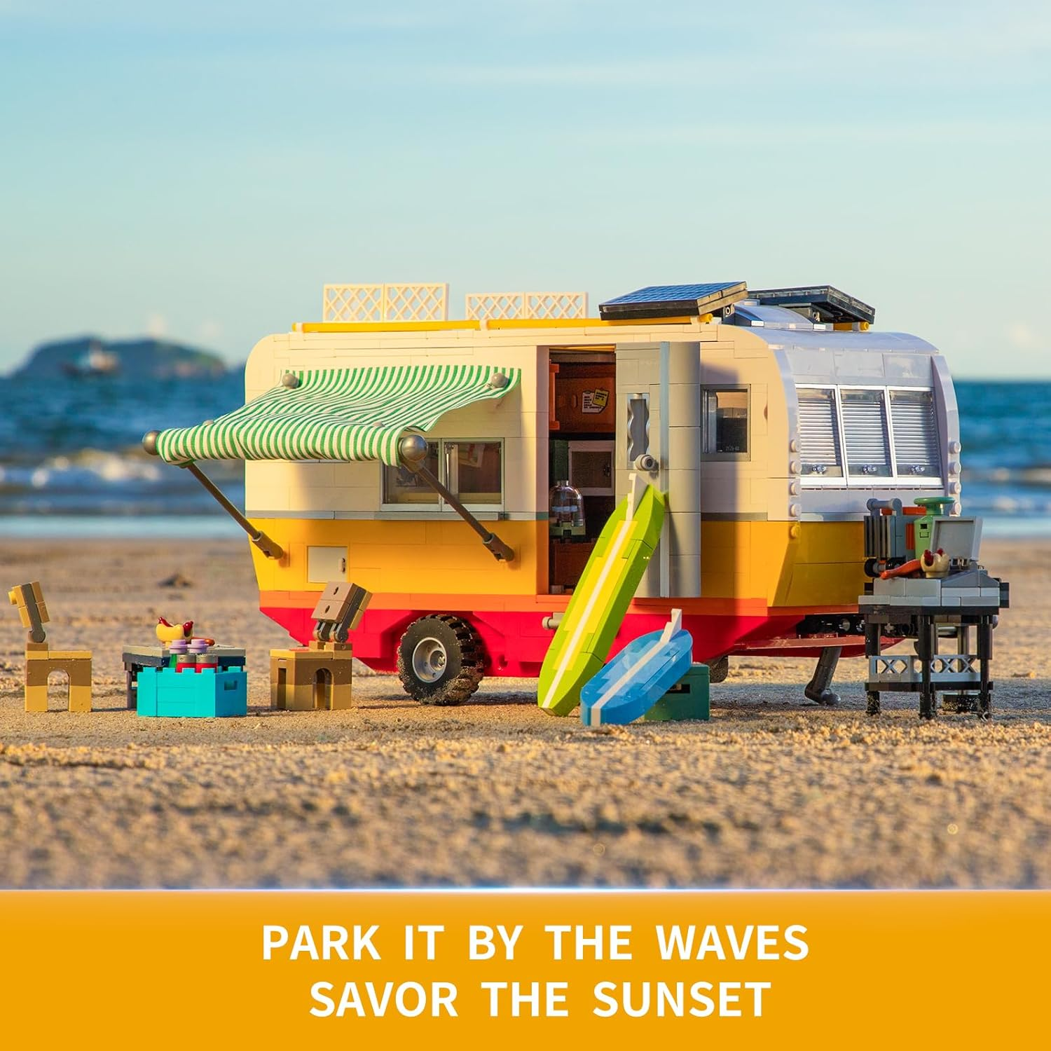 FUNWHOLE Travel Trailer Lighting Building-Bricks Set - Classic Camper Van for Beach 1325 Pcs Creator Vehicle Kit for Adult and Teens