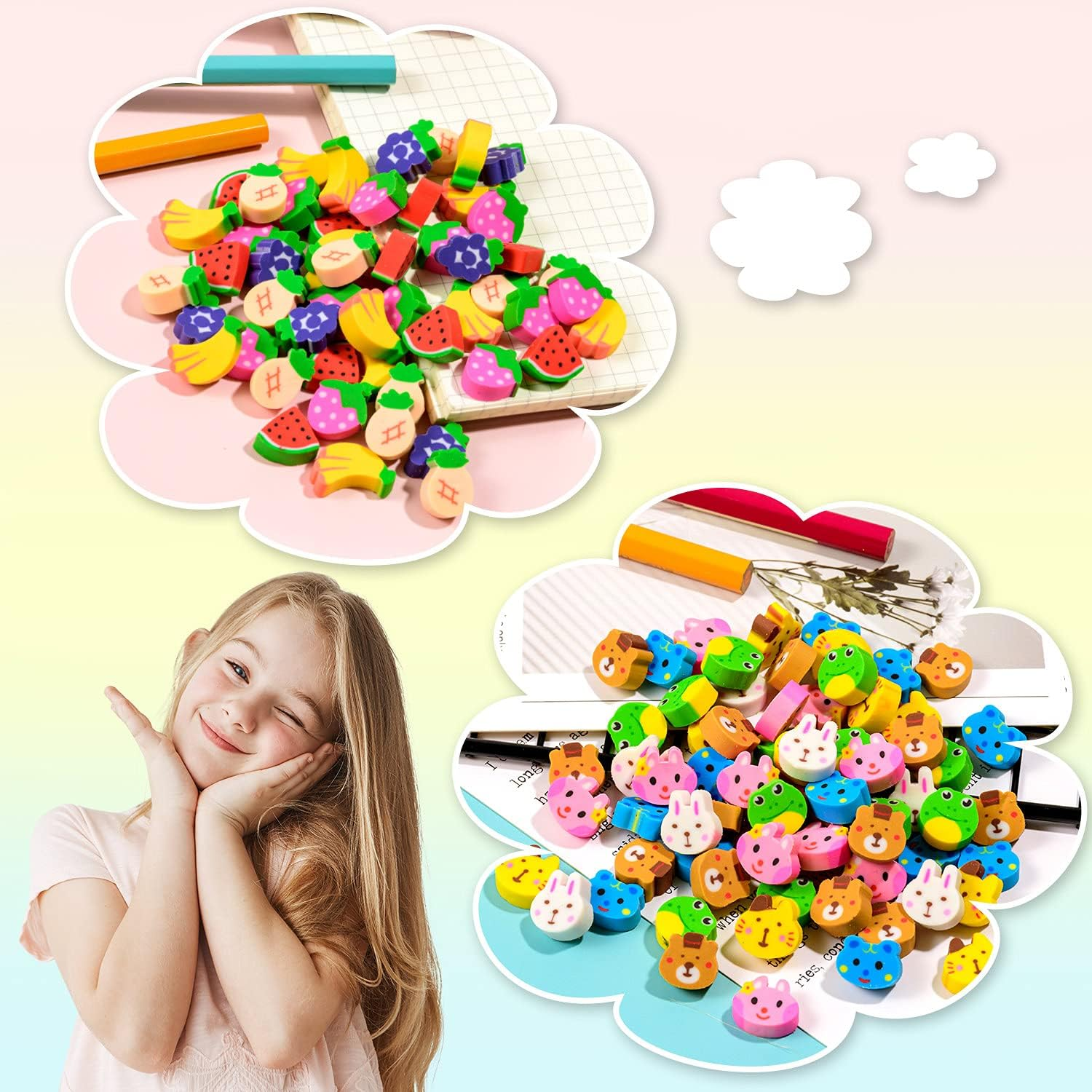 YGAOHF Mini Animal Fruit Erasers, 120 Pack, Multicolor, Rubber, Mini Eraser, Animal, Fruit Shapes, School Classroom Supplies & Prizes image number 2