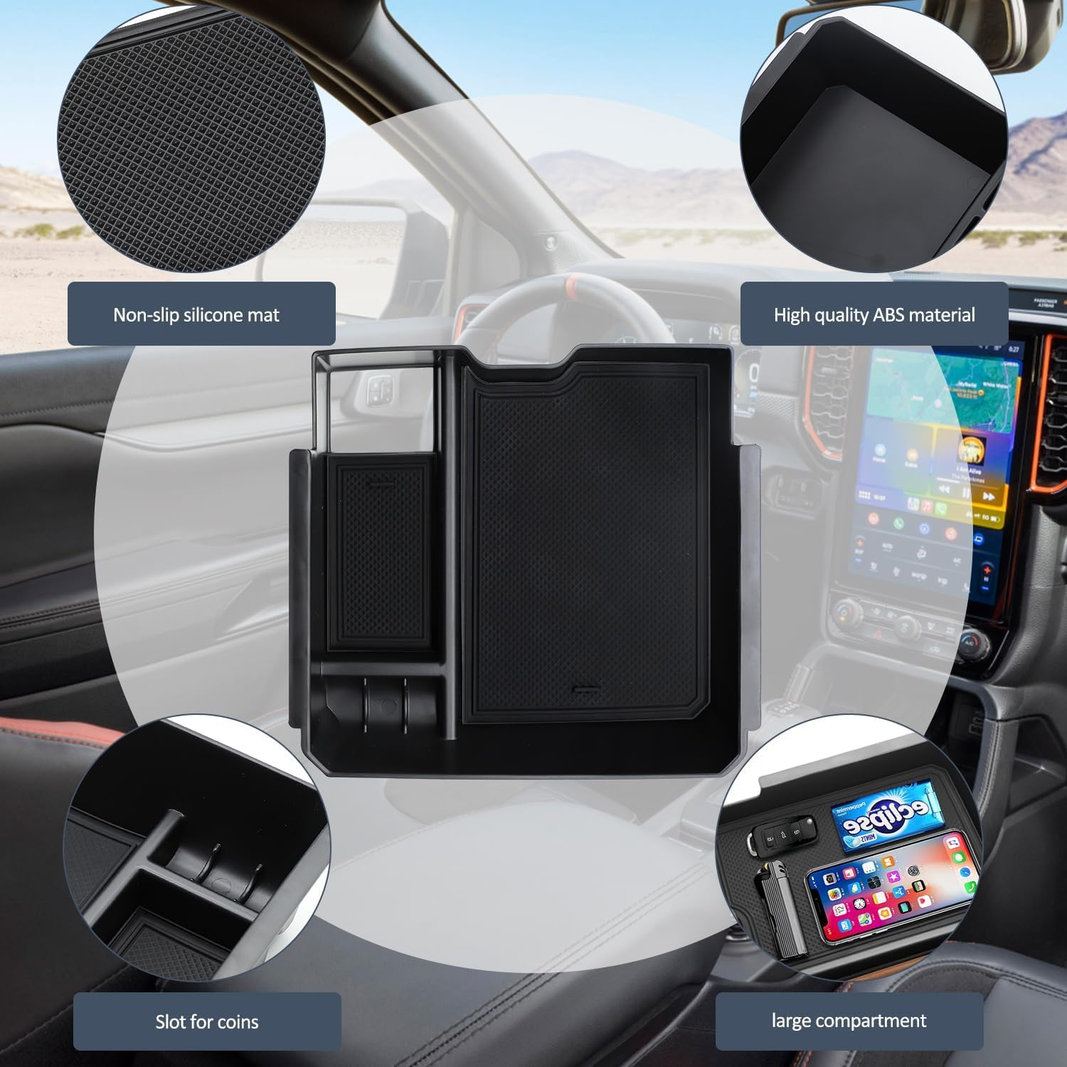 For 2024-2025 Ford Ranger Center Console Organizer, for 2024-2025 Ford Ranger Raptor Armrest Storage Box Insert Holder (Electric Handbrake Version) image number 1